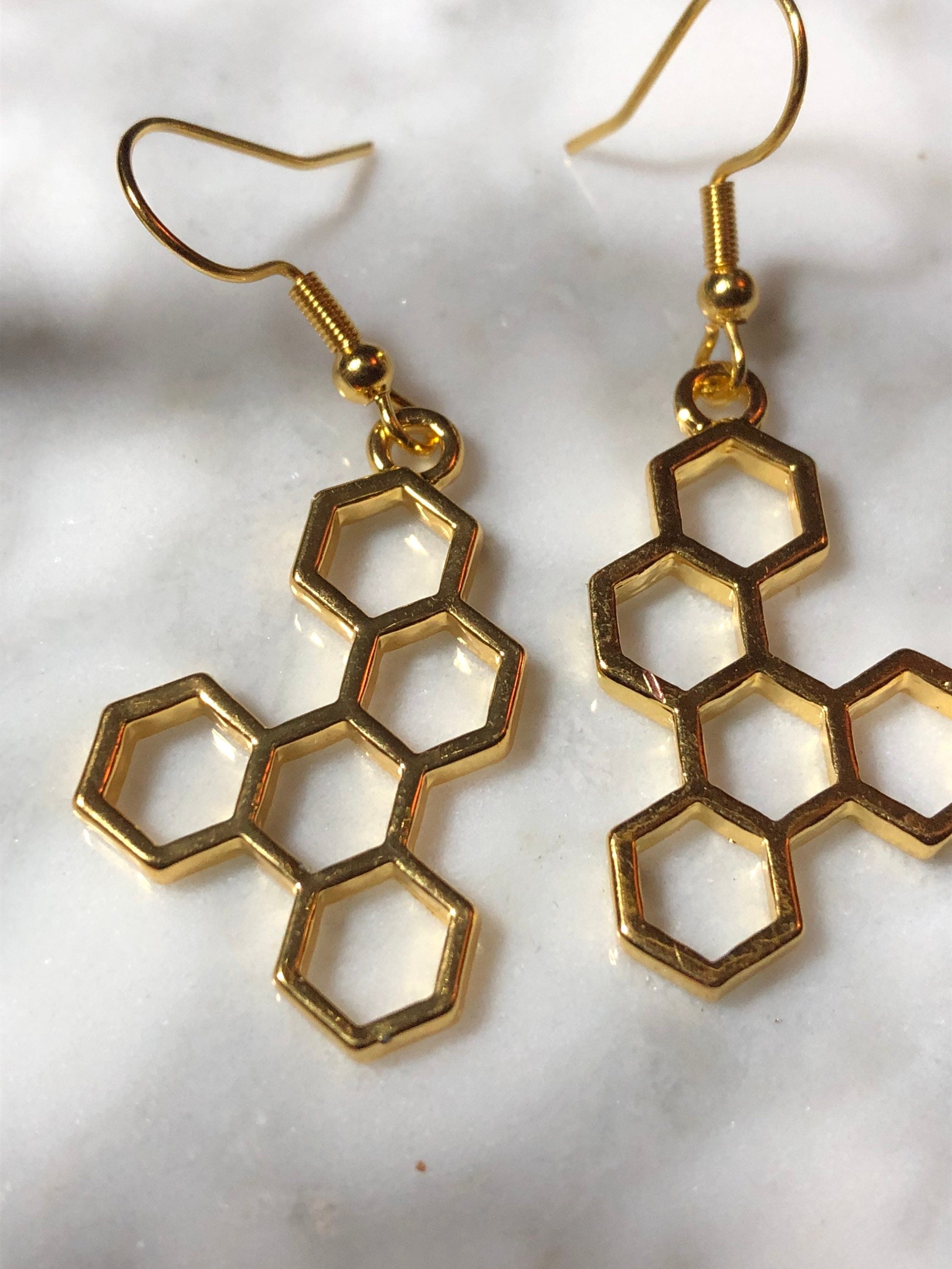 Gold tone honey bee honeycomb drop earrings