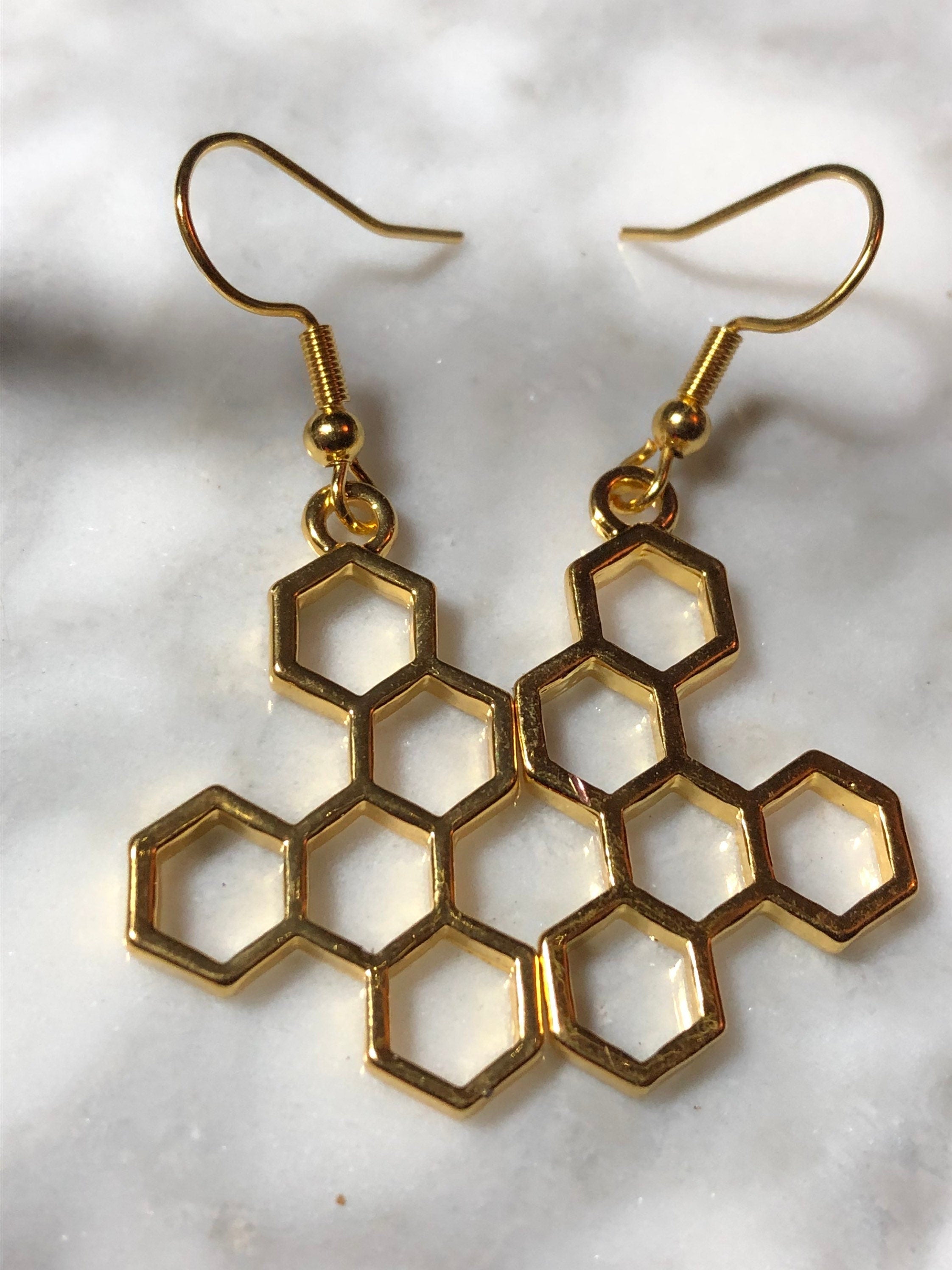 Gold tone honey bee honeycomb drop earrings