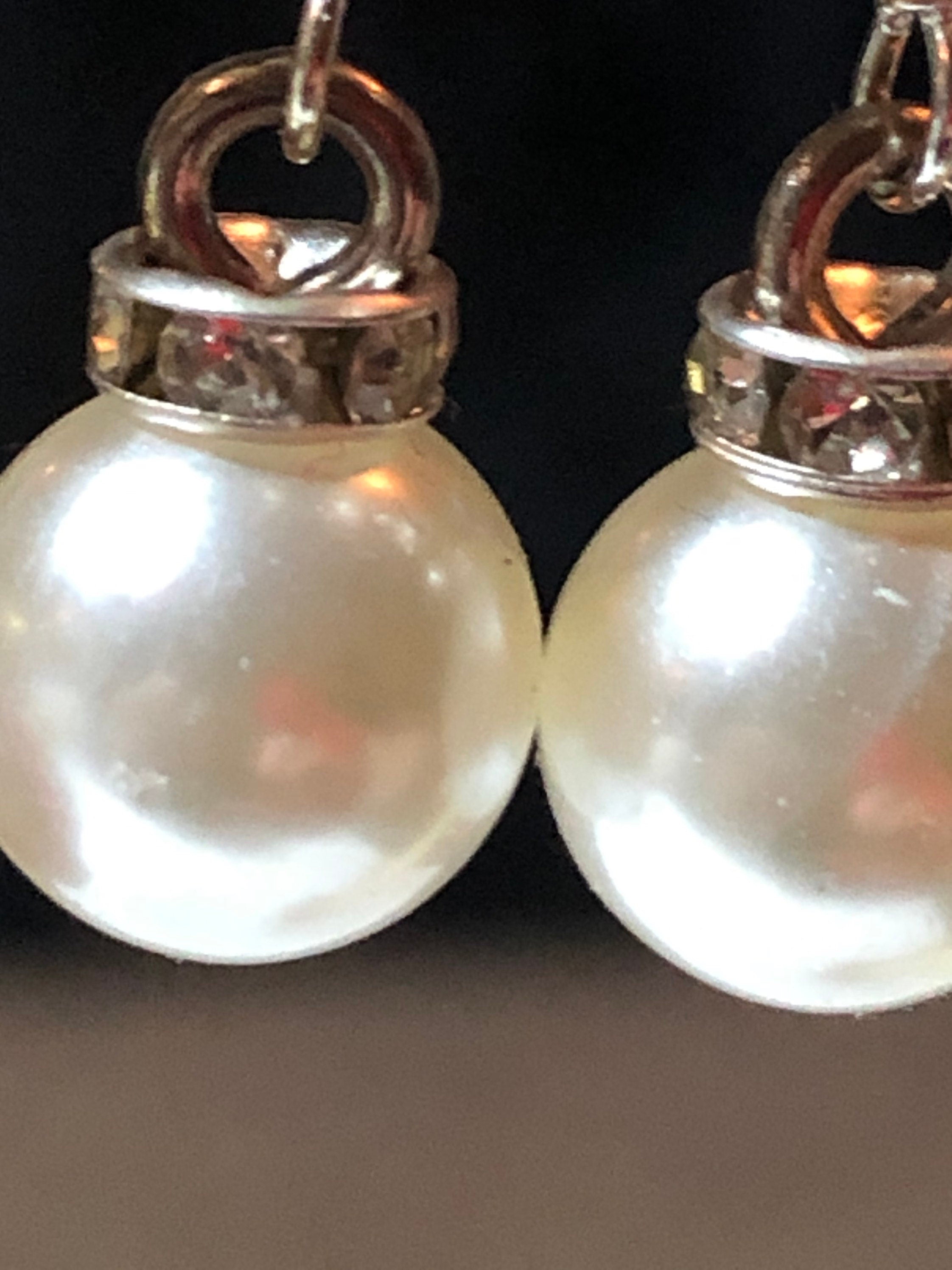 White faux pearl & diamanté silver tone ball earrings