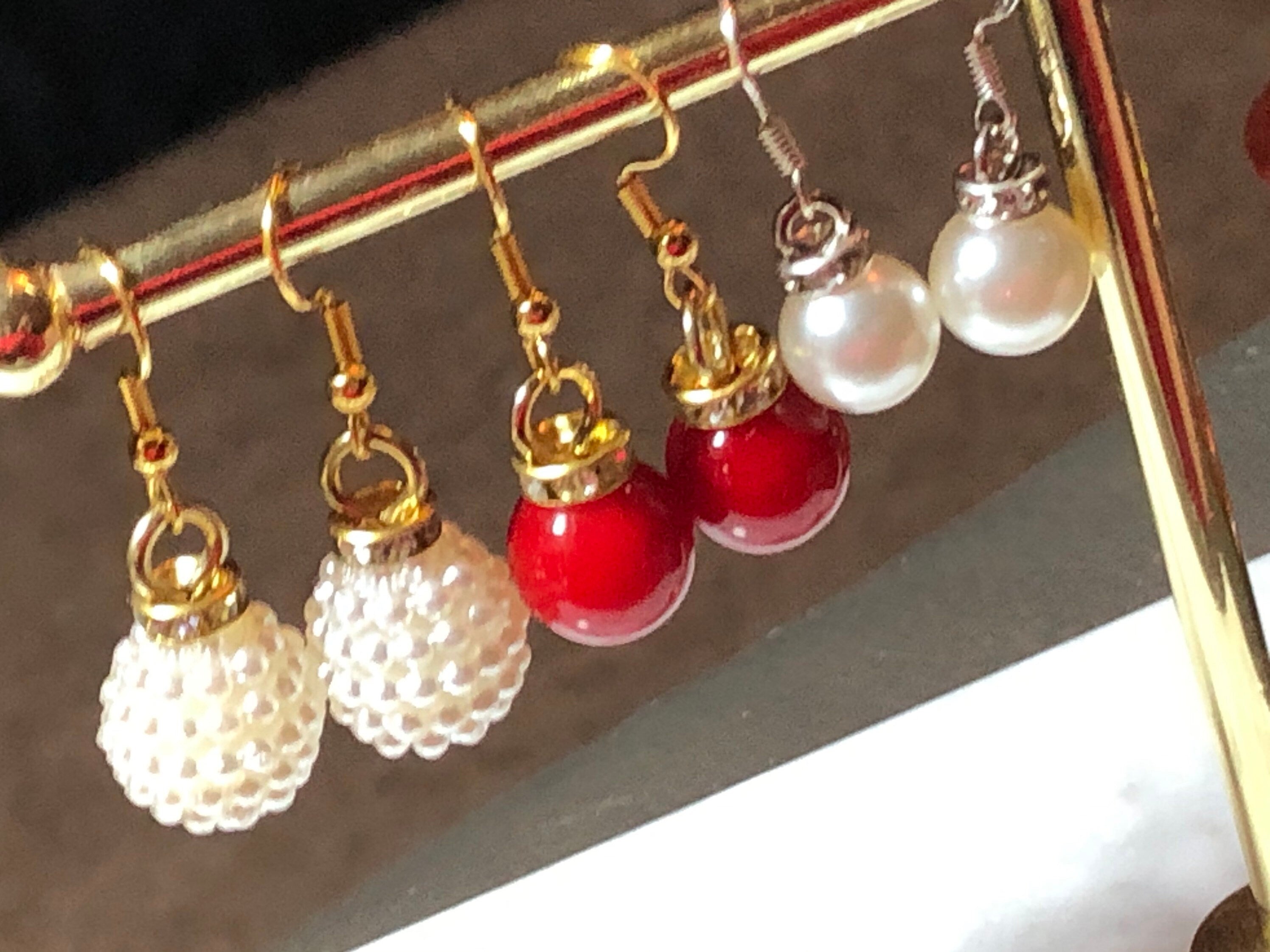 cherry red Christmas bauble small round gold tone drop earrings with crystal diamanté