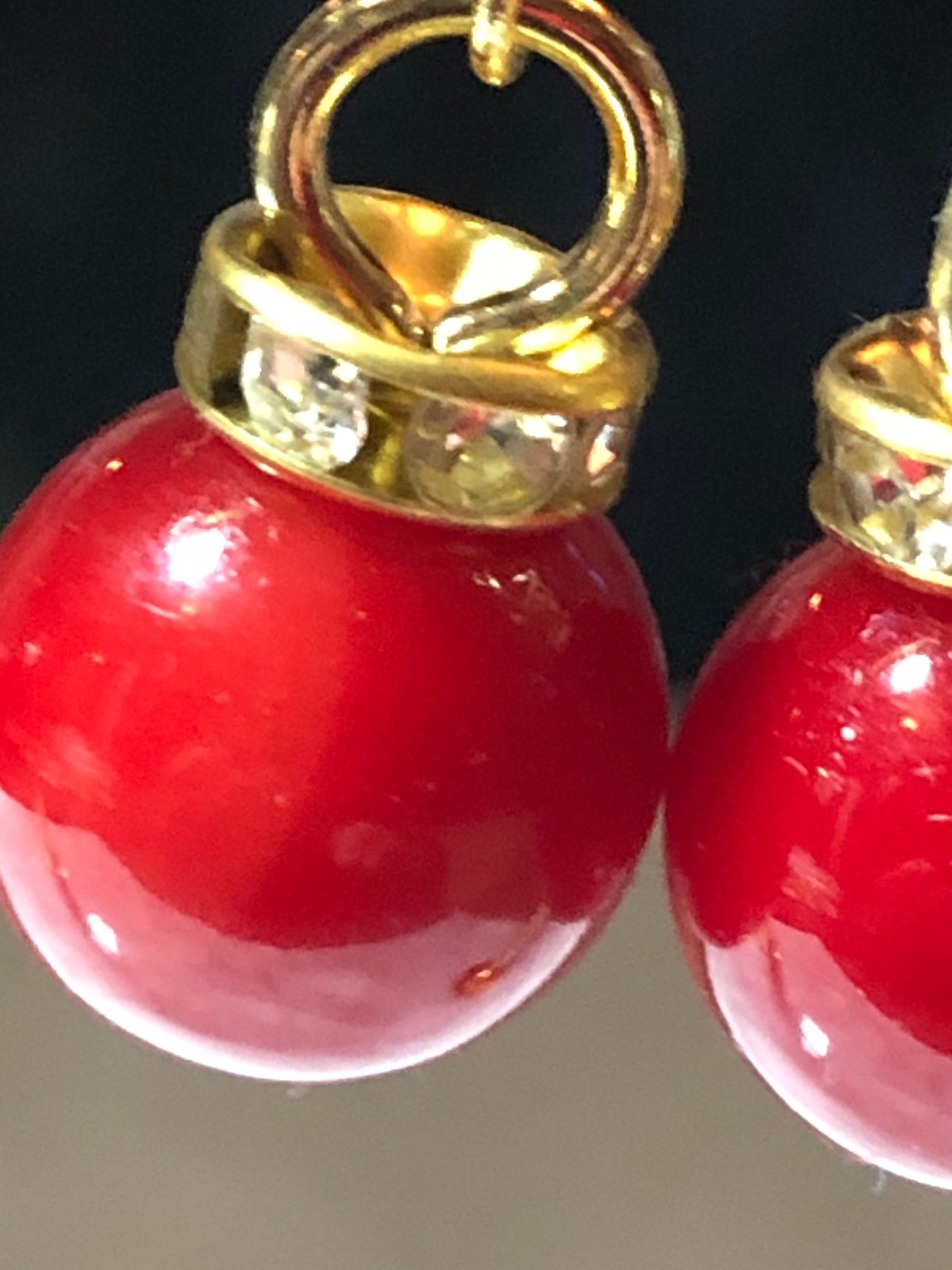 cherry red Christmas bauble small round gold tone drop earrings with crystal diamanté
