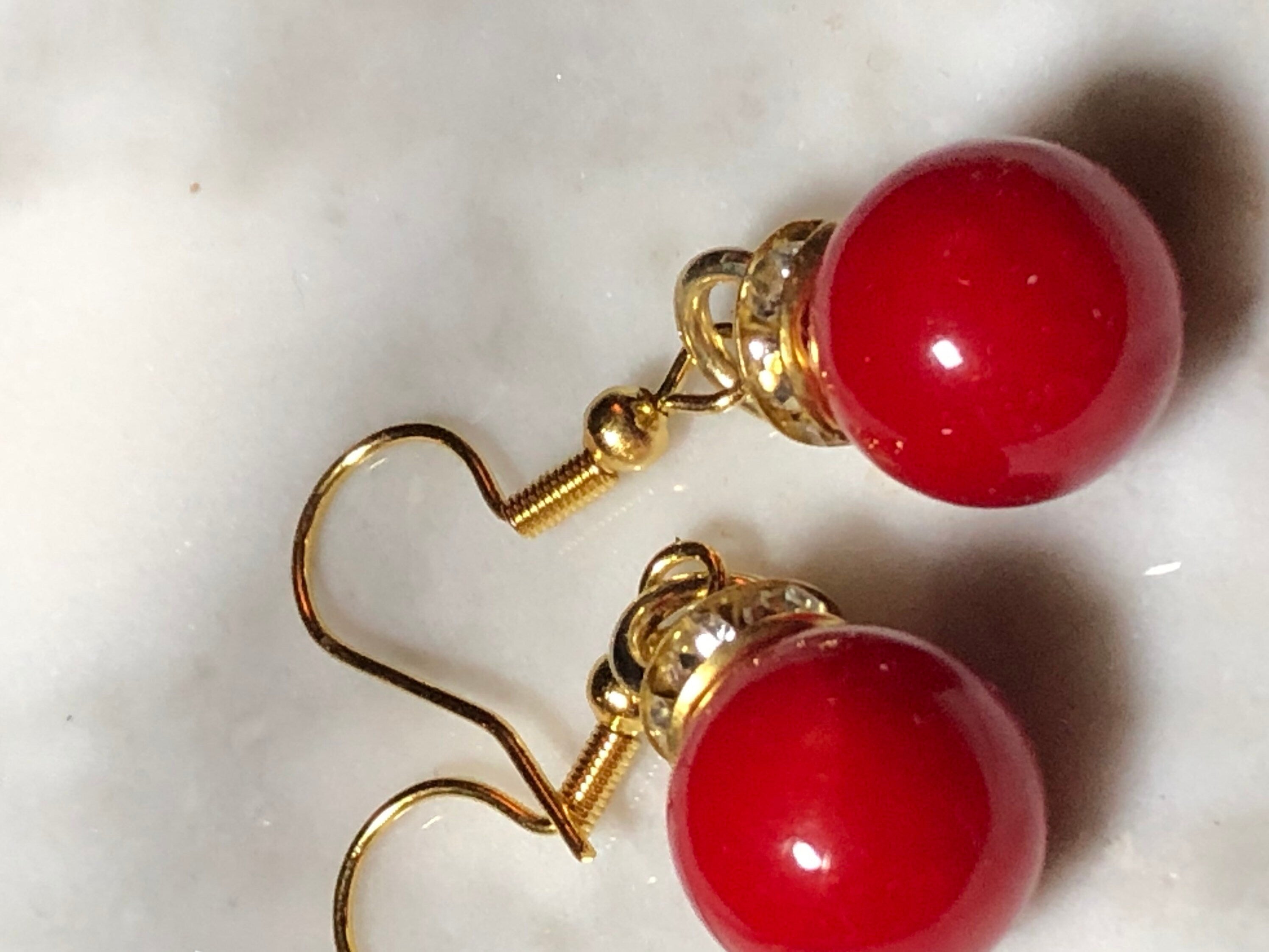 cherry red Christmas bauble small round gold tone drop earrings with crystal diamanté