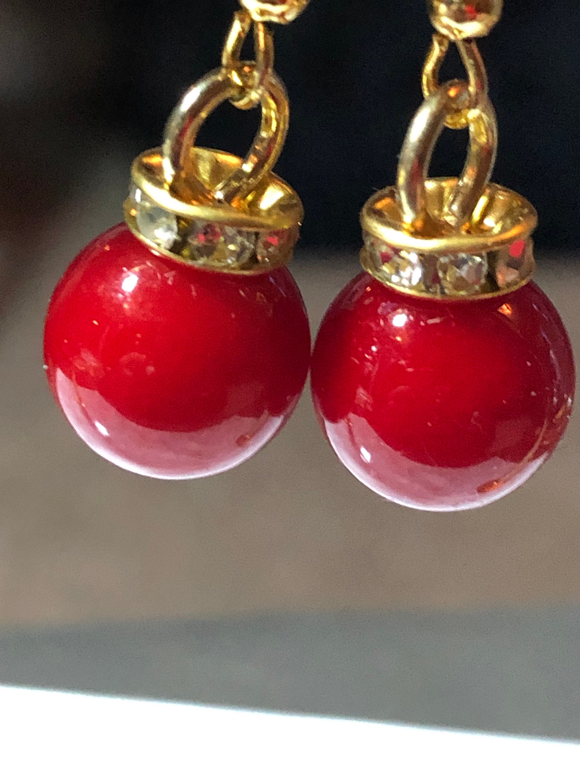 cherry red Christmas bauble small round gold tone drop earrings with crystal diamanté