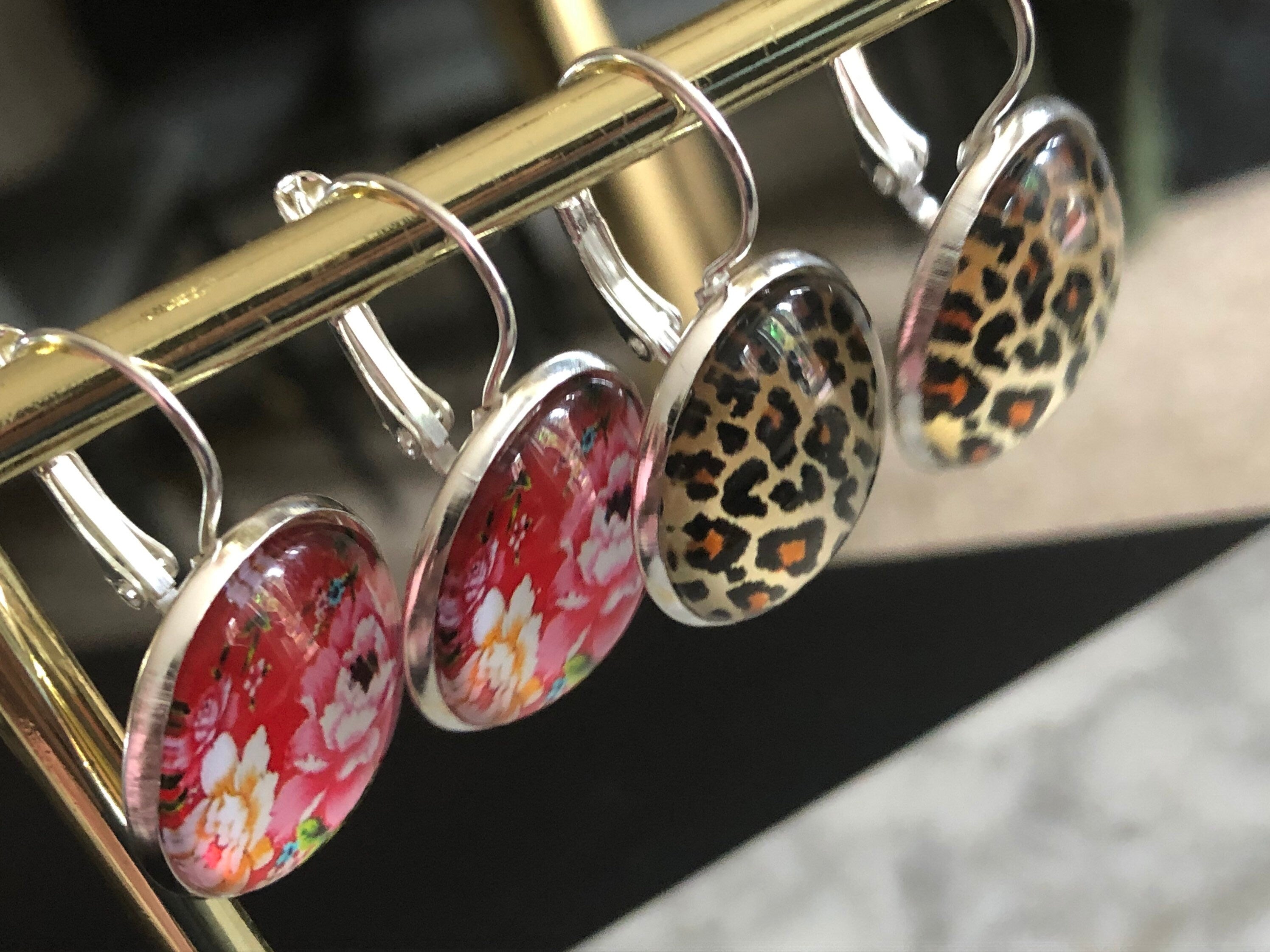 20mm Silver Brown glass animal Leopard print drop earrings