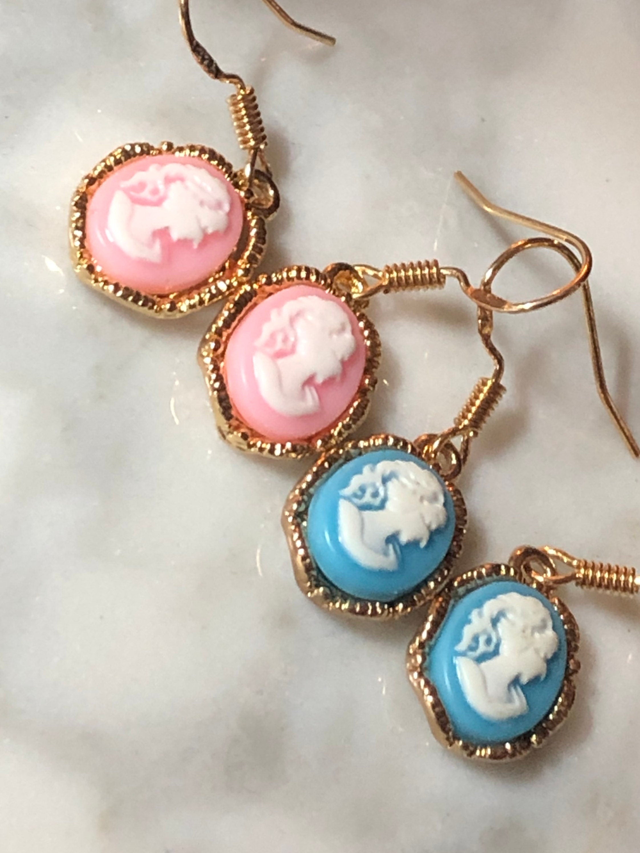 gold tone PINK and white resin small drop CAMEO earrings
