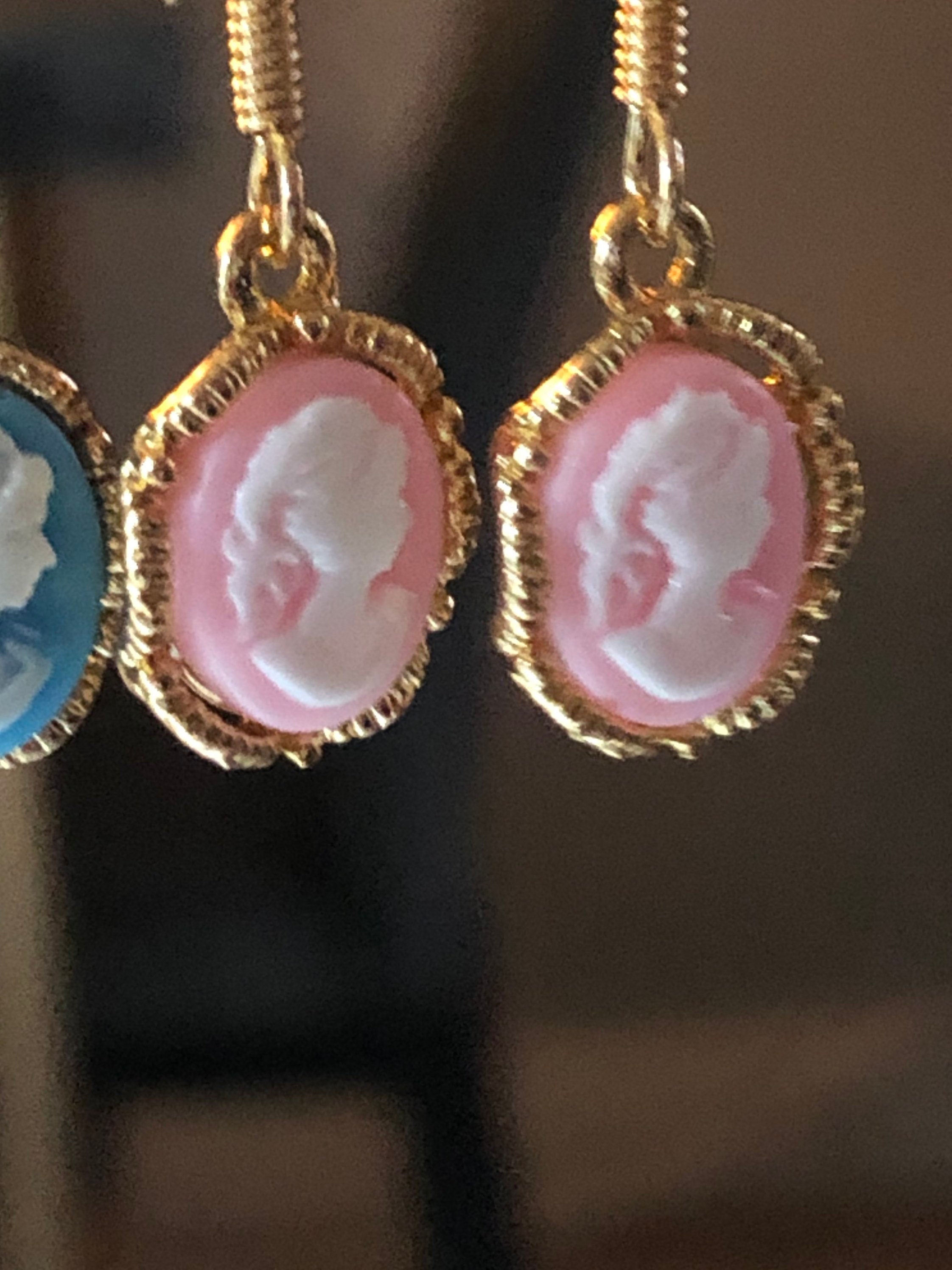 gold tone PINK and white resin small drop CAMEO earrings