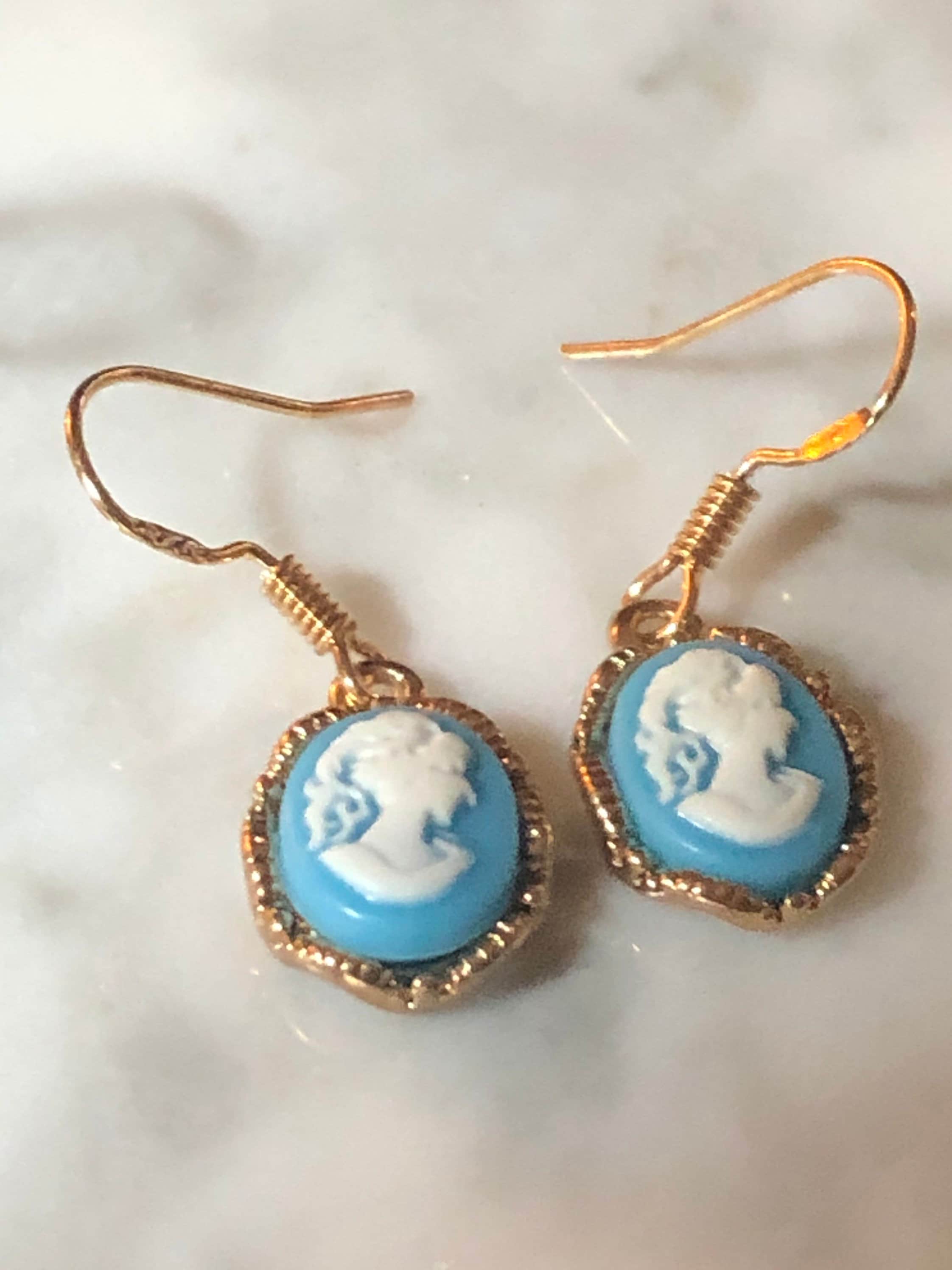 gold tone Wedgwood blue white drop CAMEO earrings