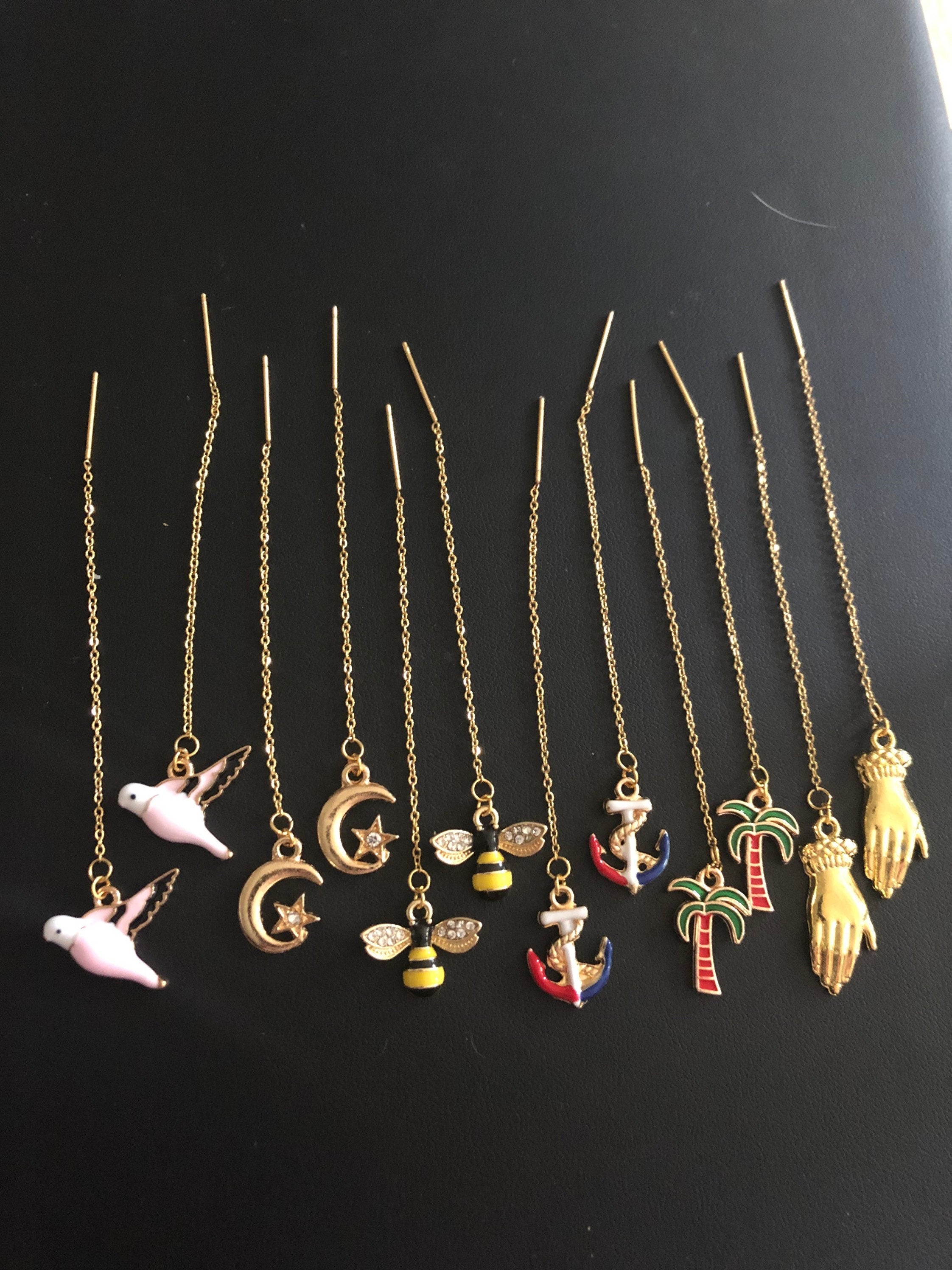 Pull through palm tree drop earrings pierced chain earrings threader