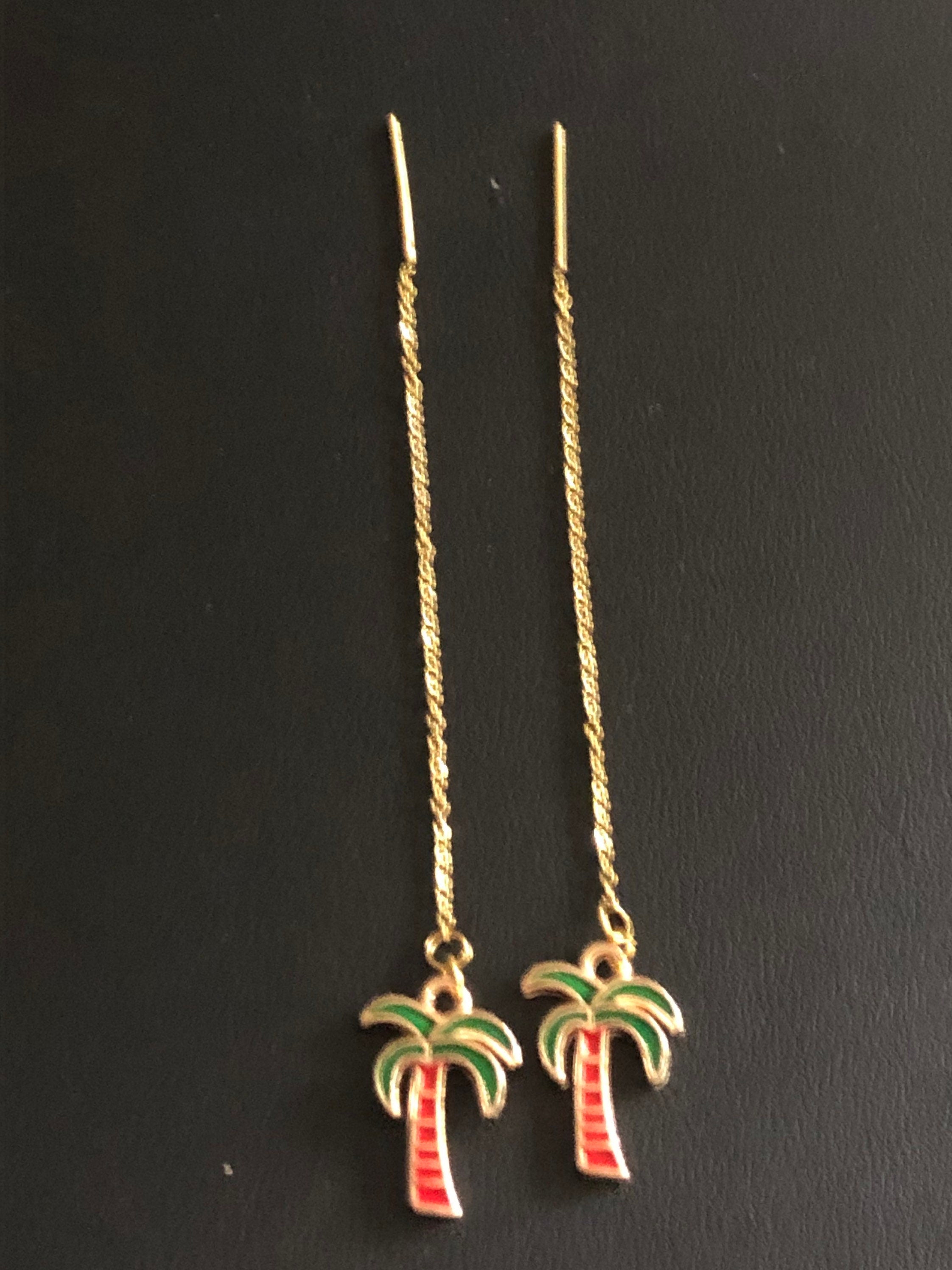 Pull through palm tree drop earrings pierced chain earrings threader
