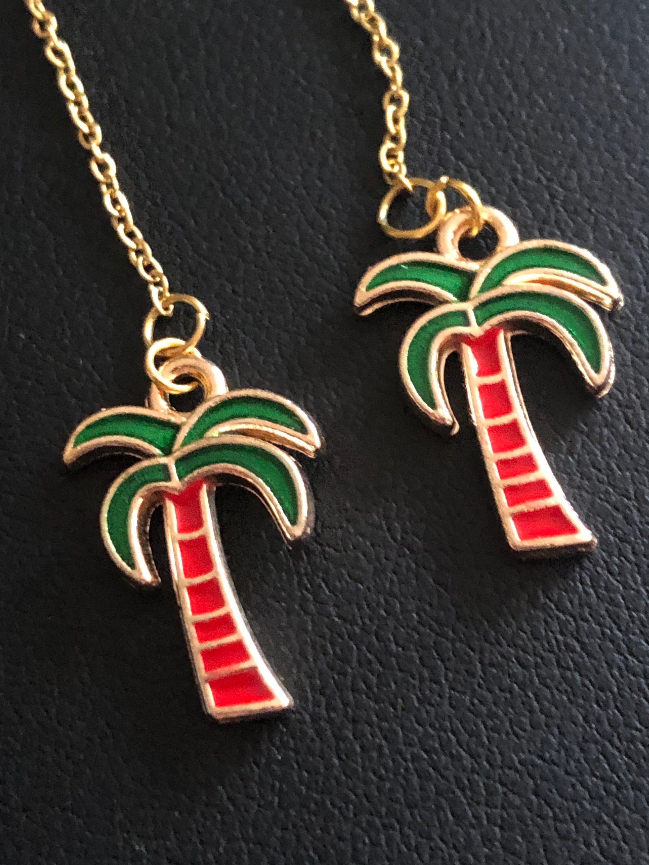 Pull through palm tree drop earrings pierced chain earrings threader