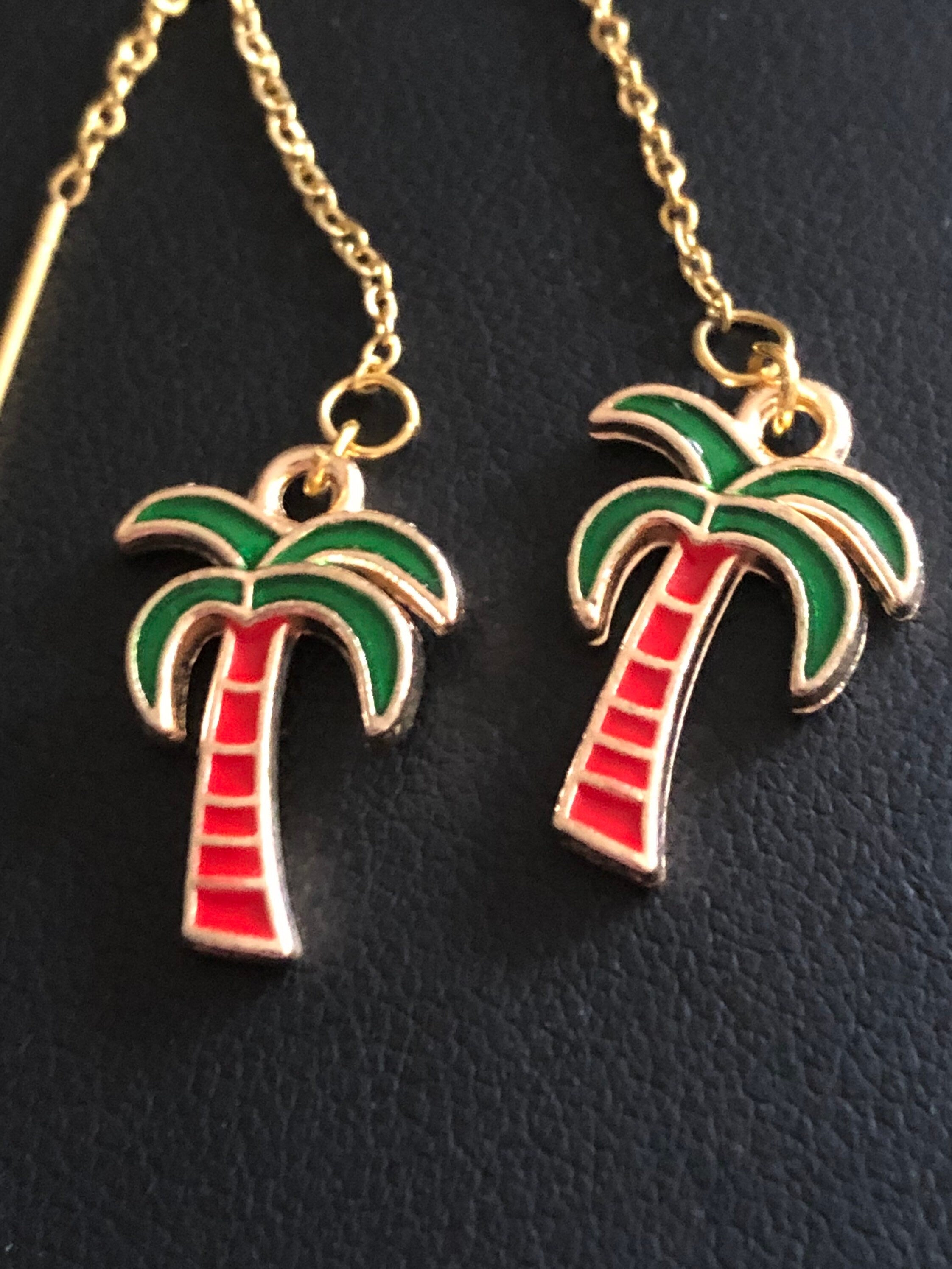 Pull through palm tree drop earrings pierced chain earrings threader