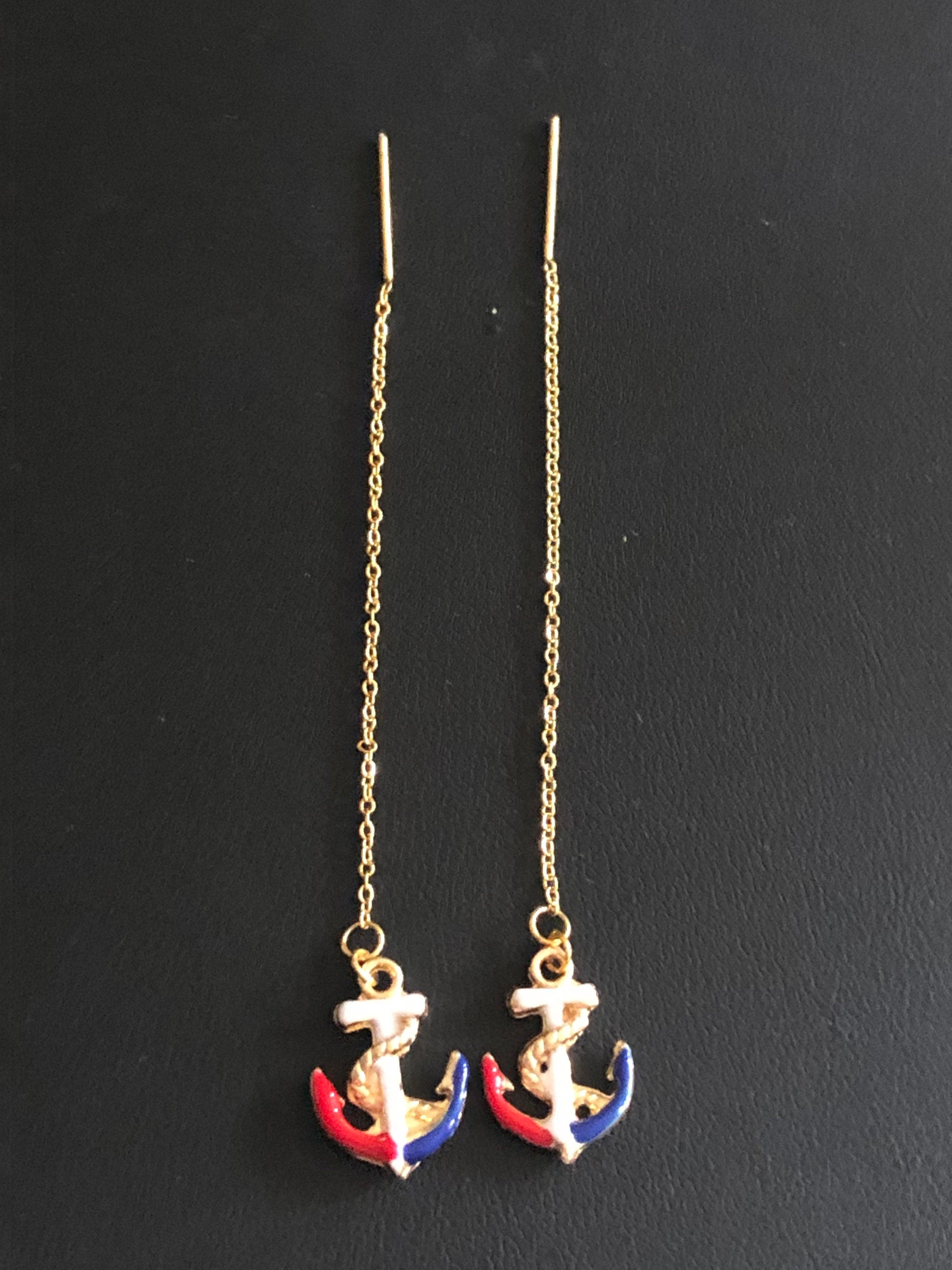 gold tone red, white, blue enamel anchor threader earrings