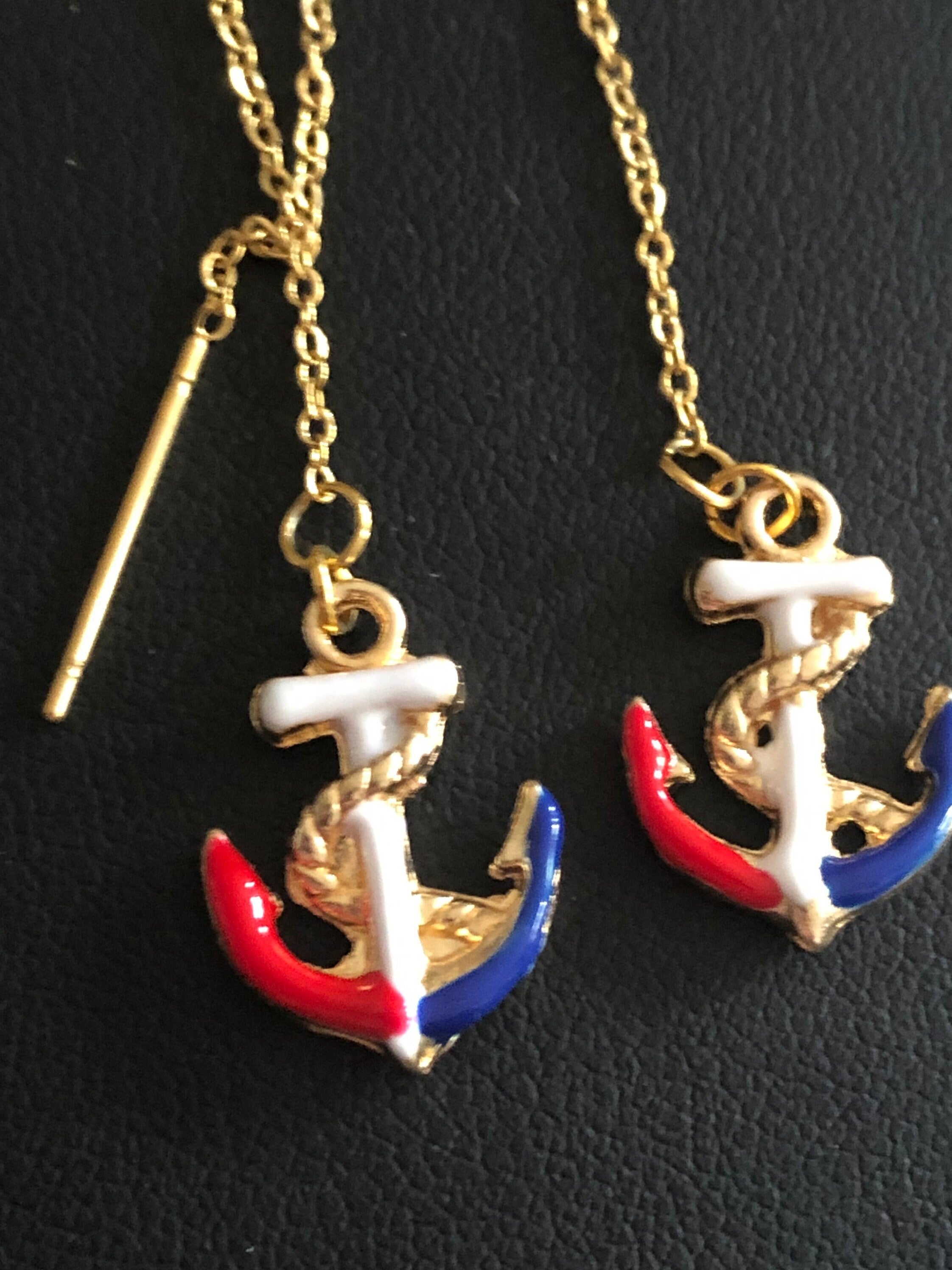 gold tone red, white, blue enamel anchor threader earrings