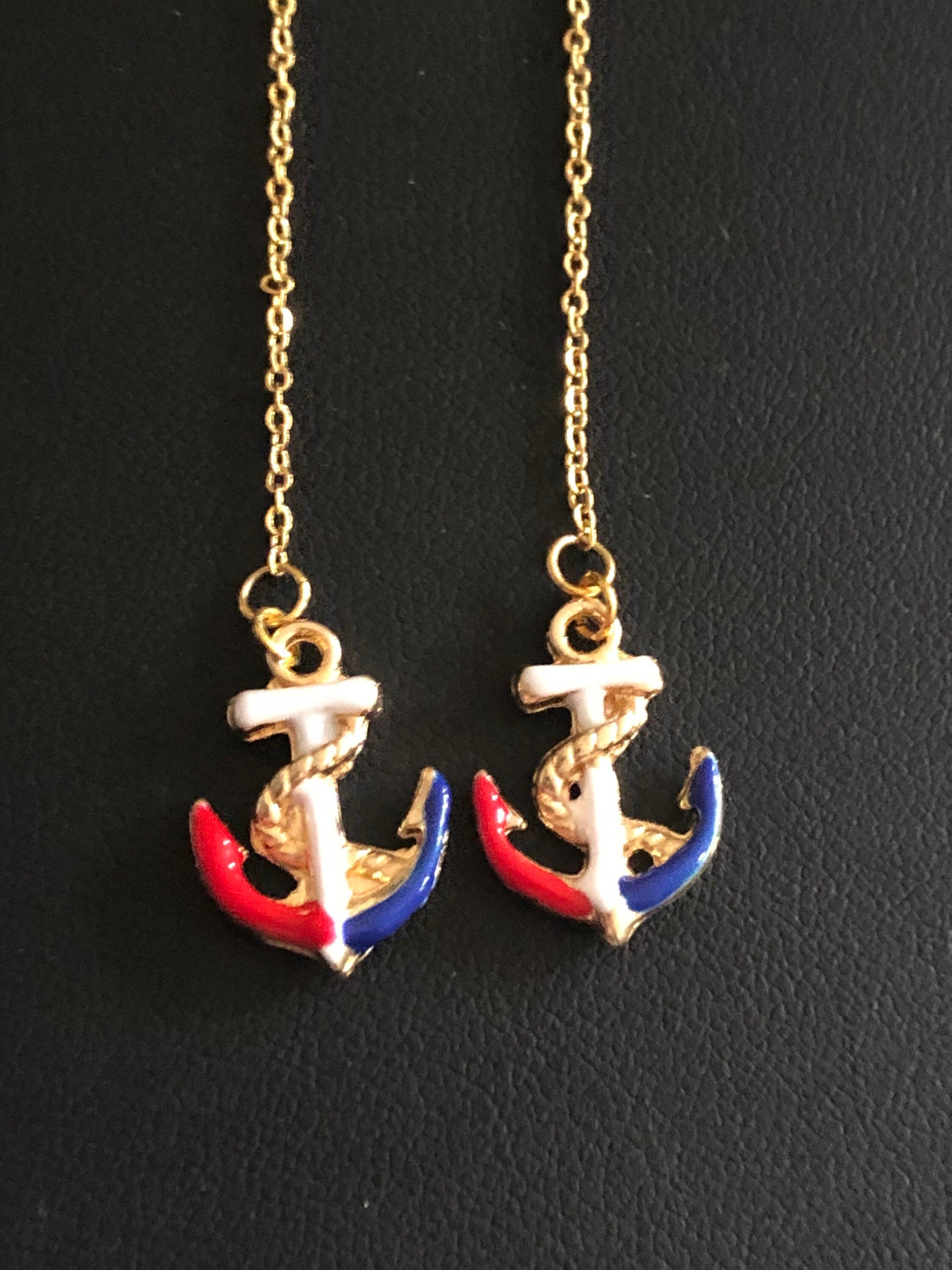 gold tone red, white, blue enamel anchor threader earrings
