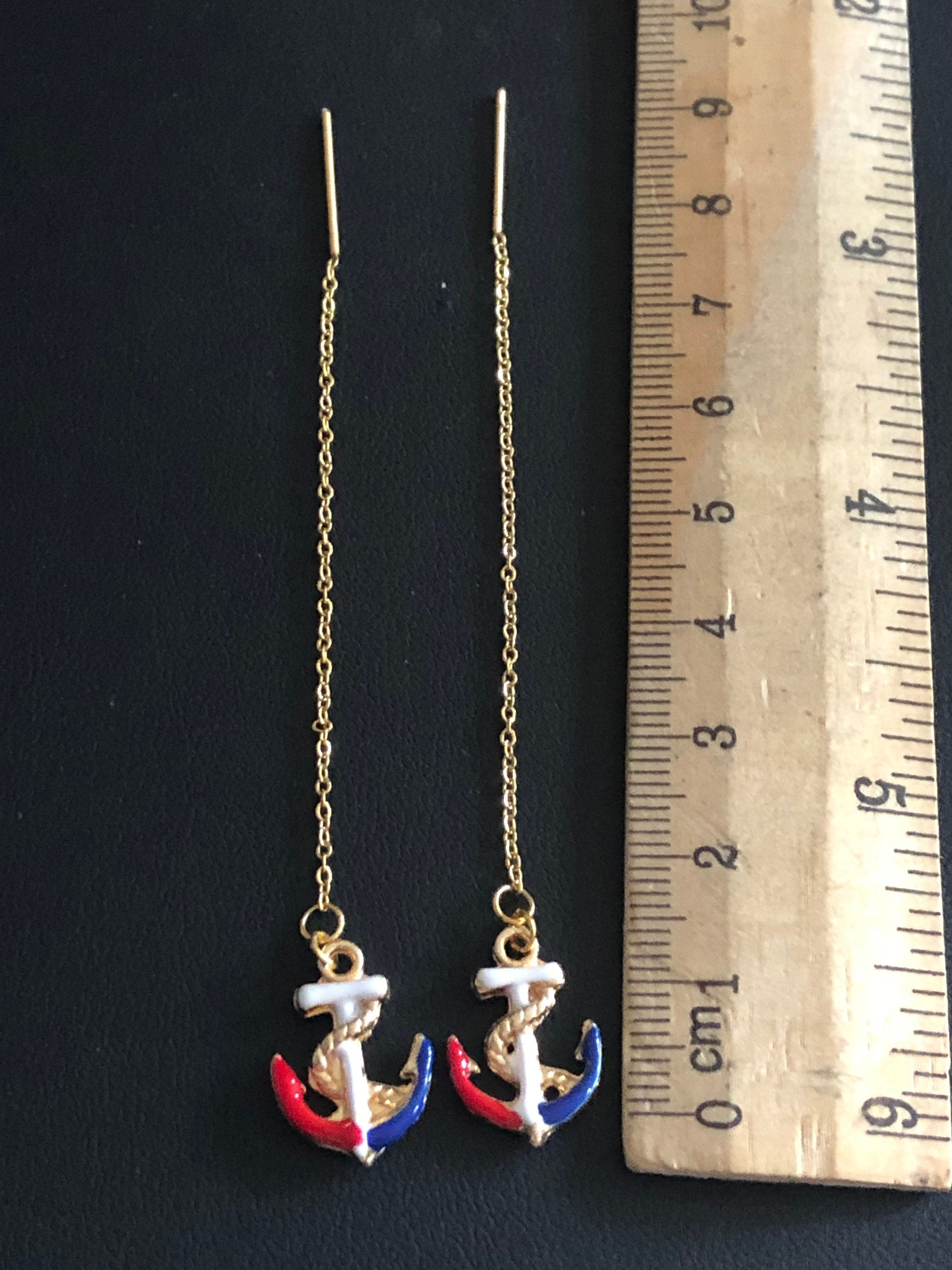 gold tone red, white, blue enamel anchor threader earrings
