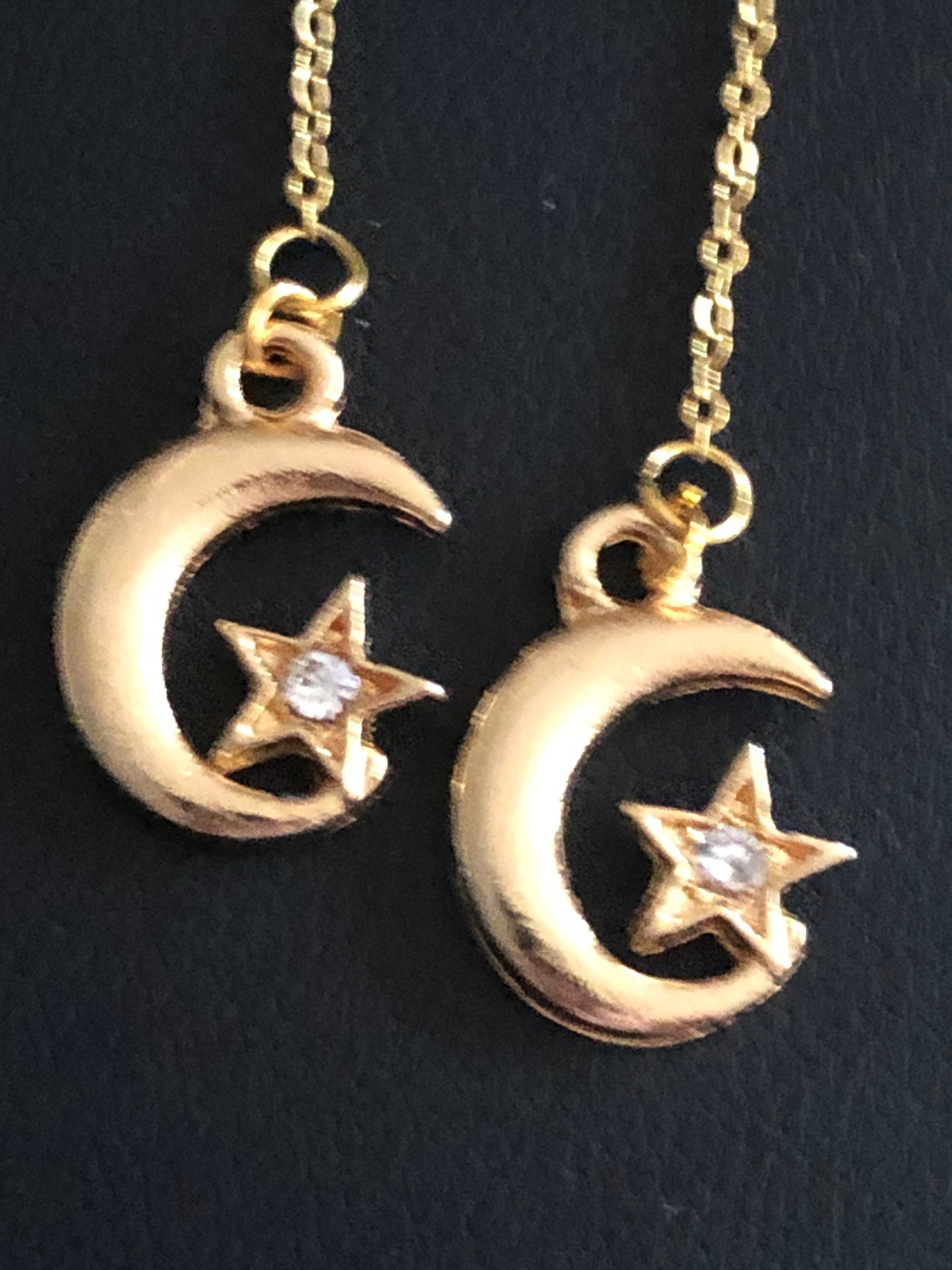 Celestial diamanté moon & stars threader earrings drop pierced chains