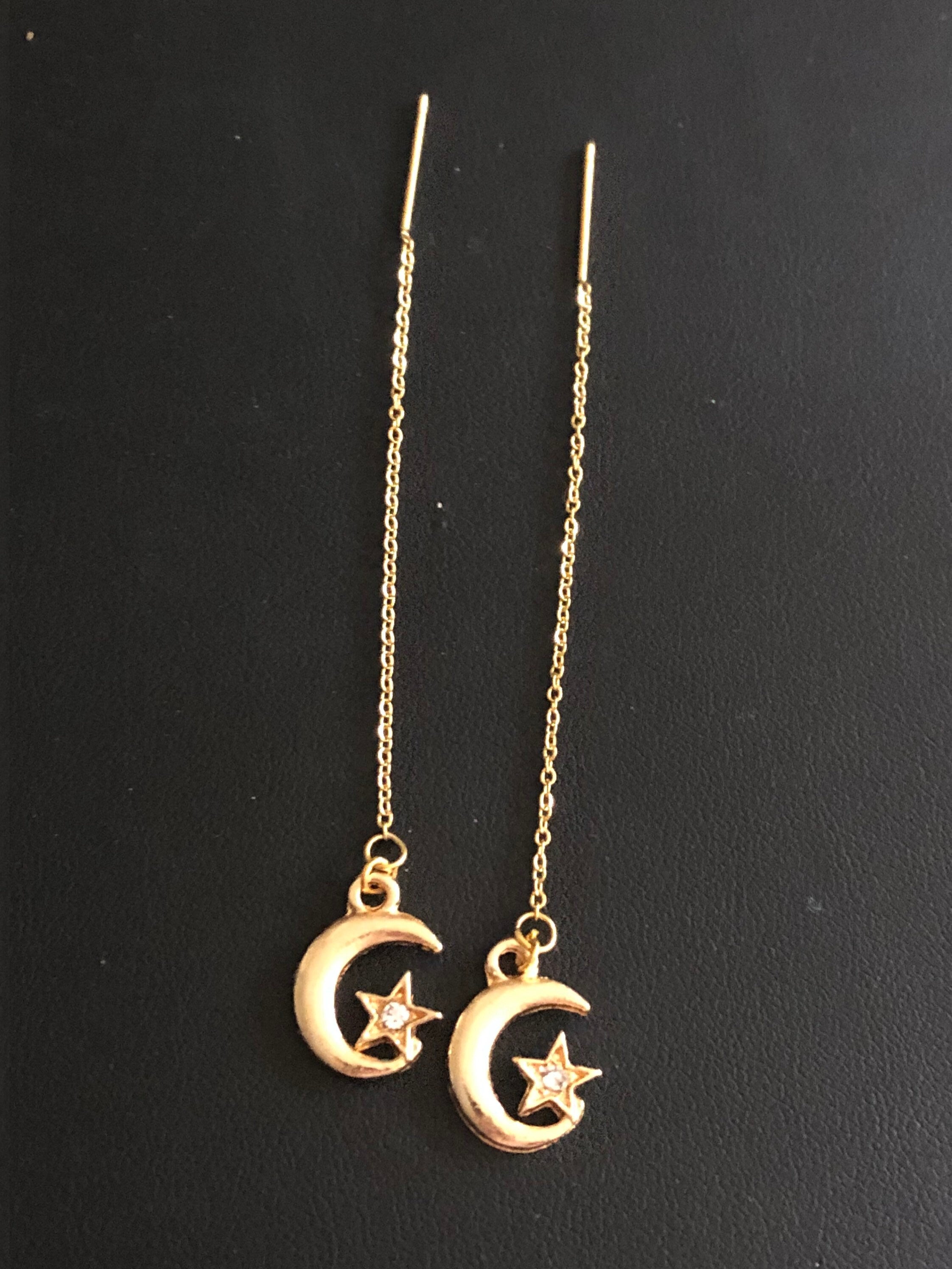 Celestial diamanté moon & stars threader earrings drop pierced chains