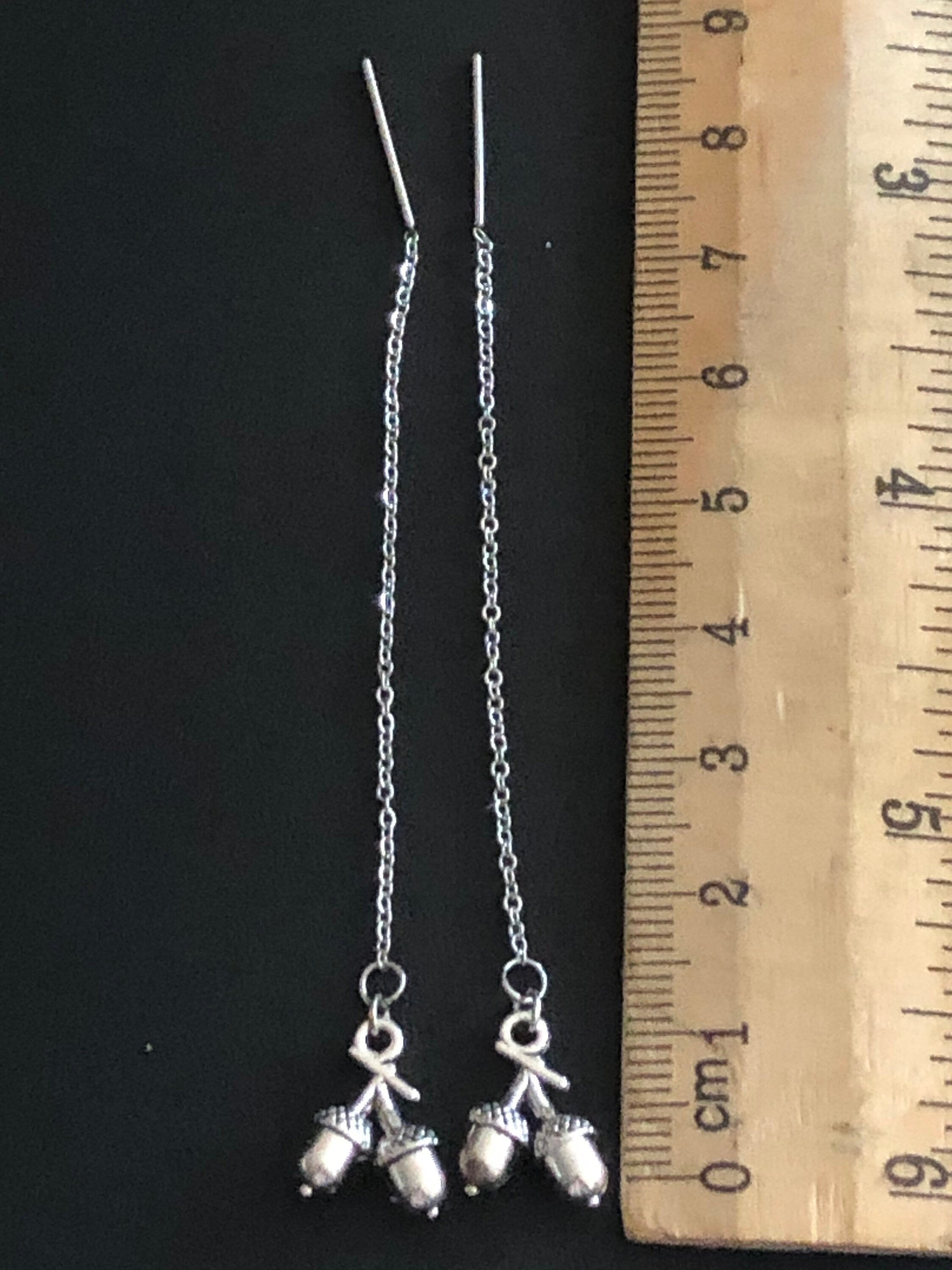 Silver ACORN drop earrings pierced threader stainless steel