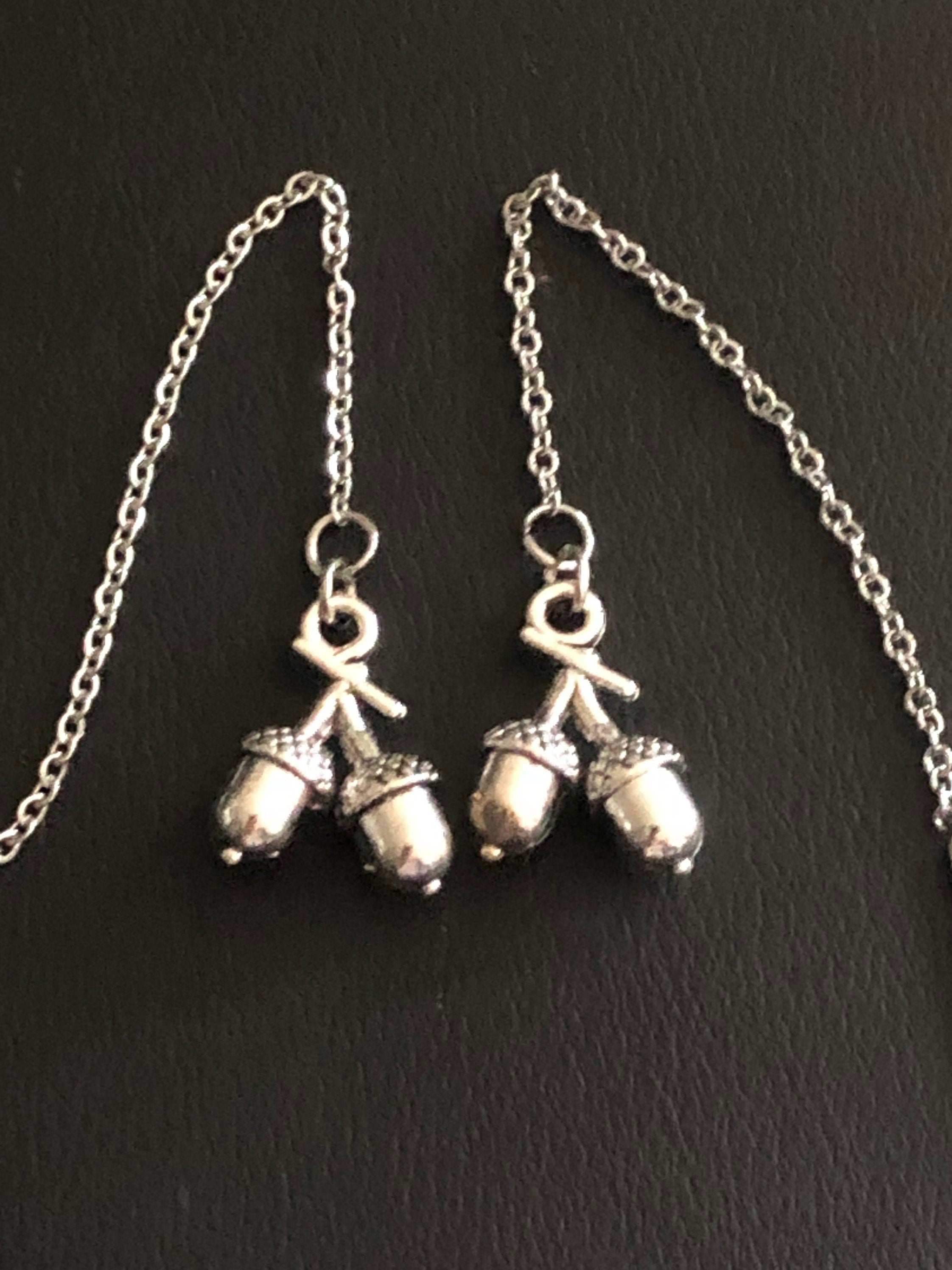 Silver ACORN drop earrings pierced threader stainless steel