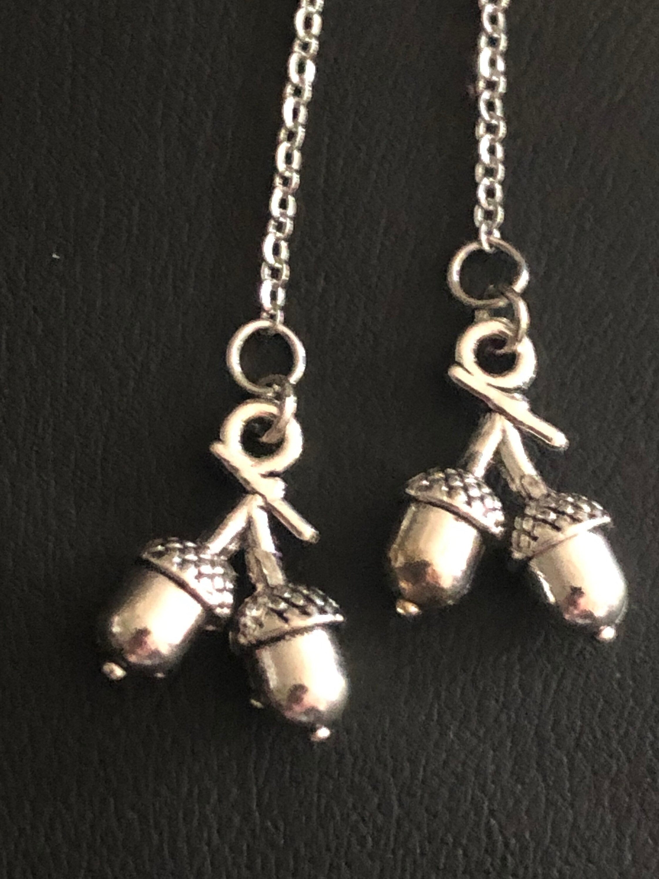 Silver ACORN drop earrings pierced threader stainless steel