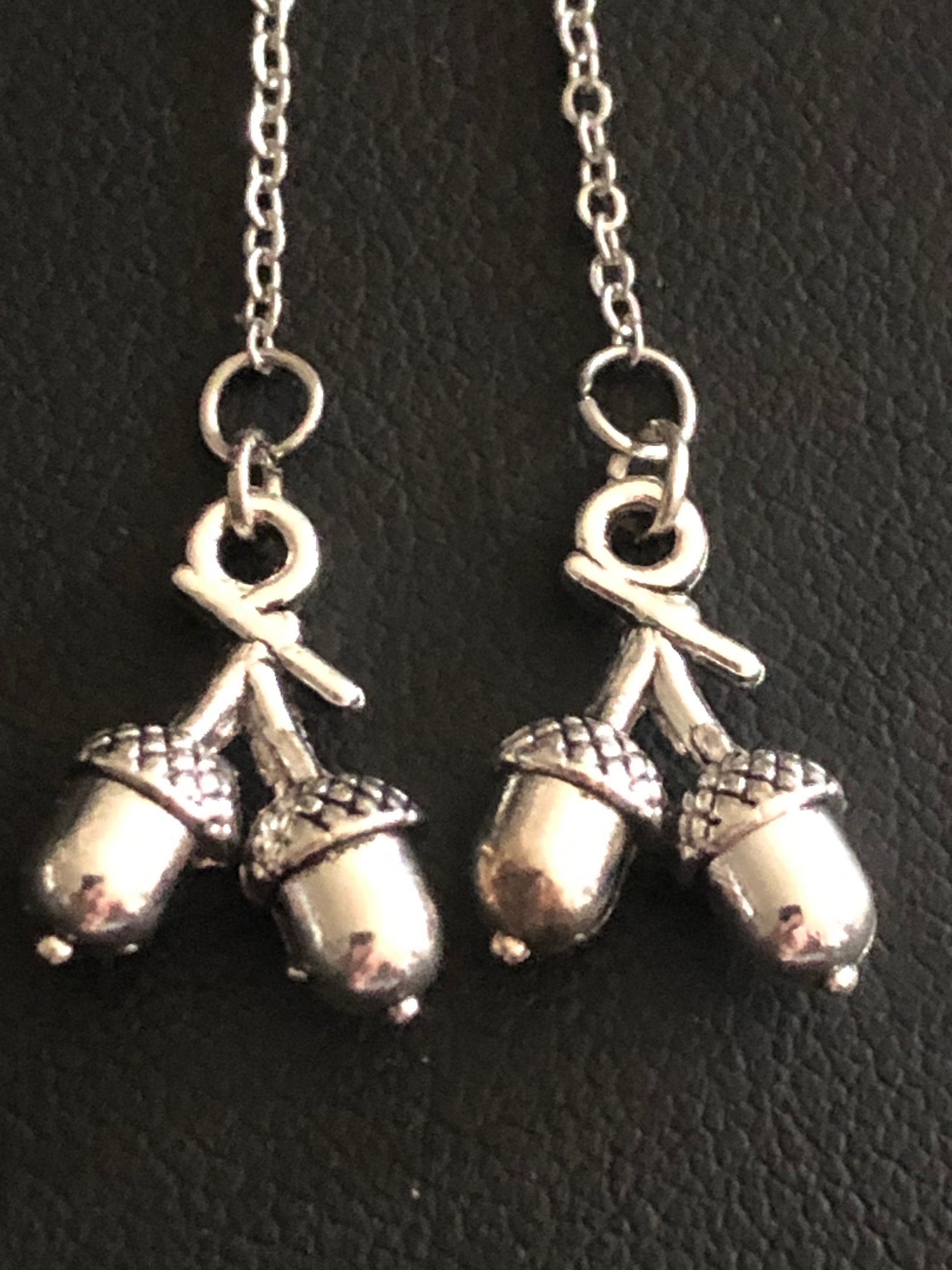 Silver ACORN drop earrings pierced threader stainless steel