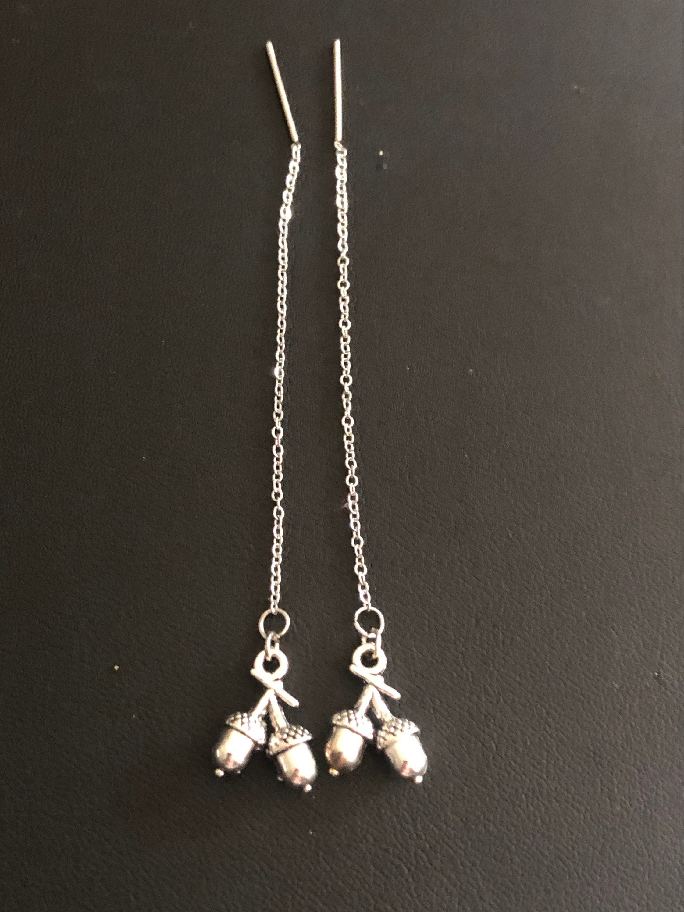 Silver ACORN drop earrings pierced threader stainless steel