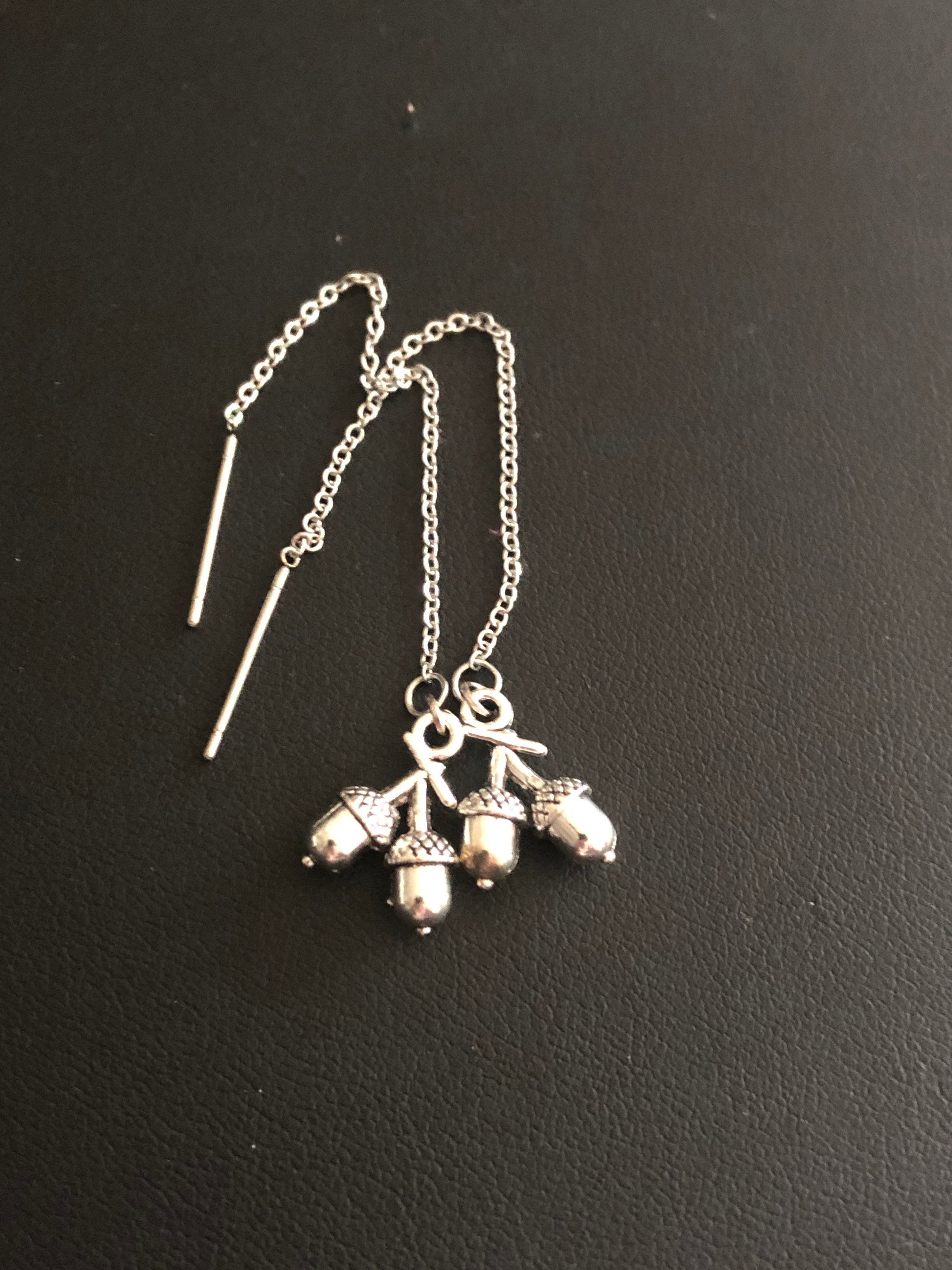 Silver ACORN drop earrings pierced threader stainless steel
