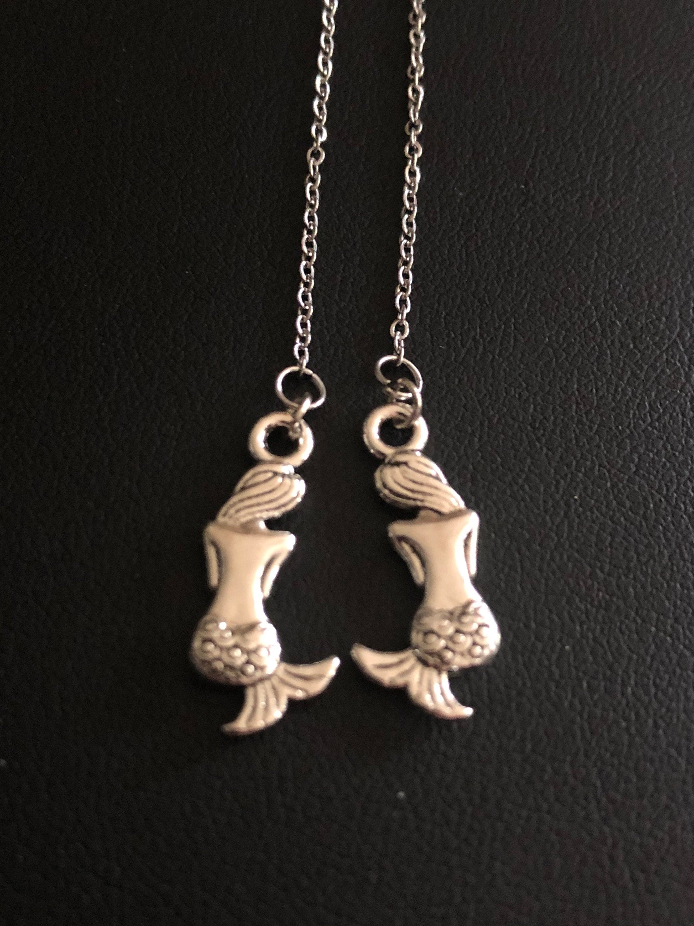 Silver Tone Mermaid Threader Earrings: Nautical Drop Earrings