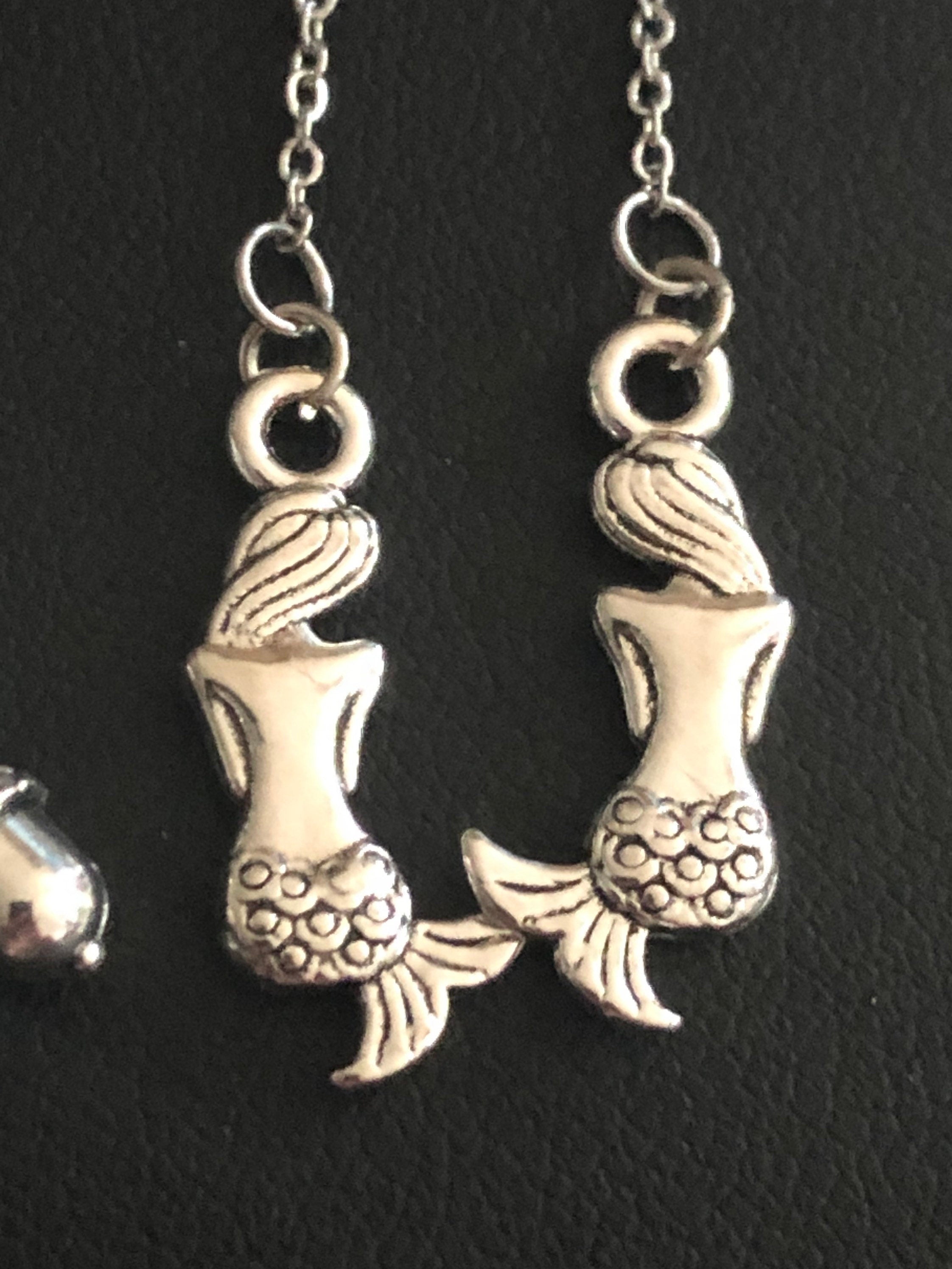Silver Tone Mermaid Threader Earrings: Nautical Drop Earrings