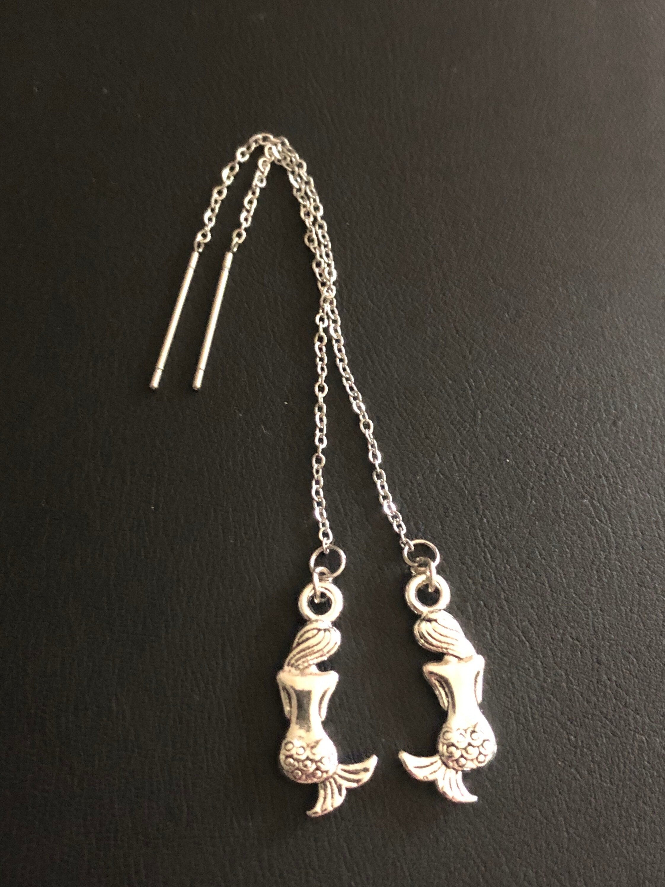 Silver Tone Mermaid Threader Earrings: Nautical Drop Earrings