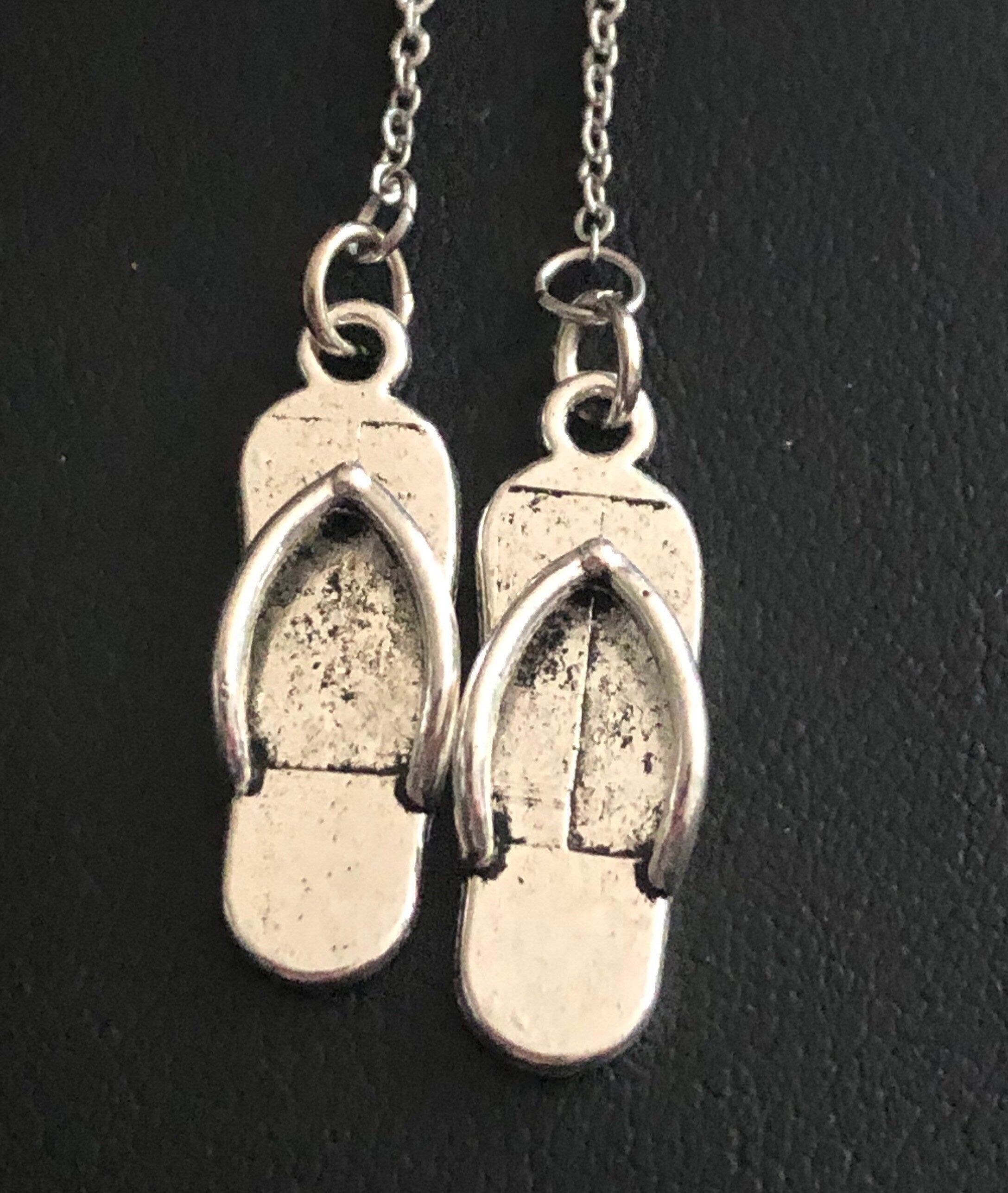 Silver tone summer holiday novelty flip flop shoes drop earrings