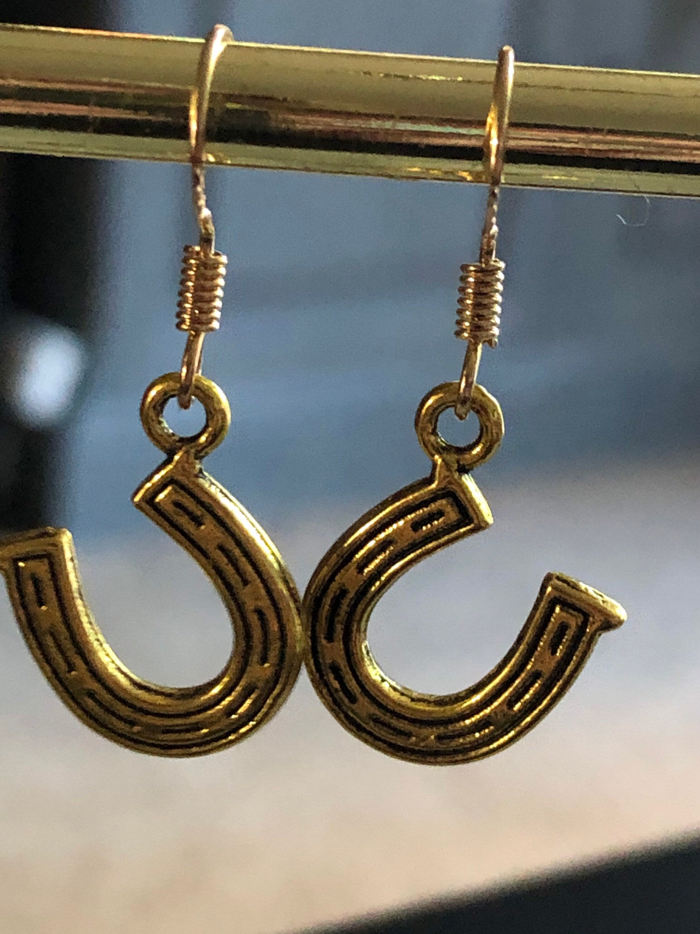 Gold Tone Lucky Horseshoe Drop Earrings: Equestrian Jewellery