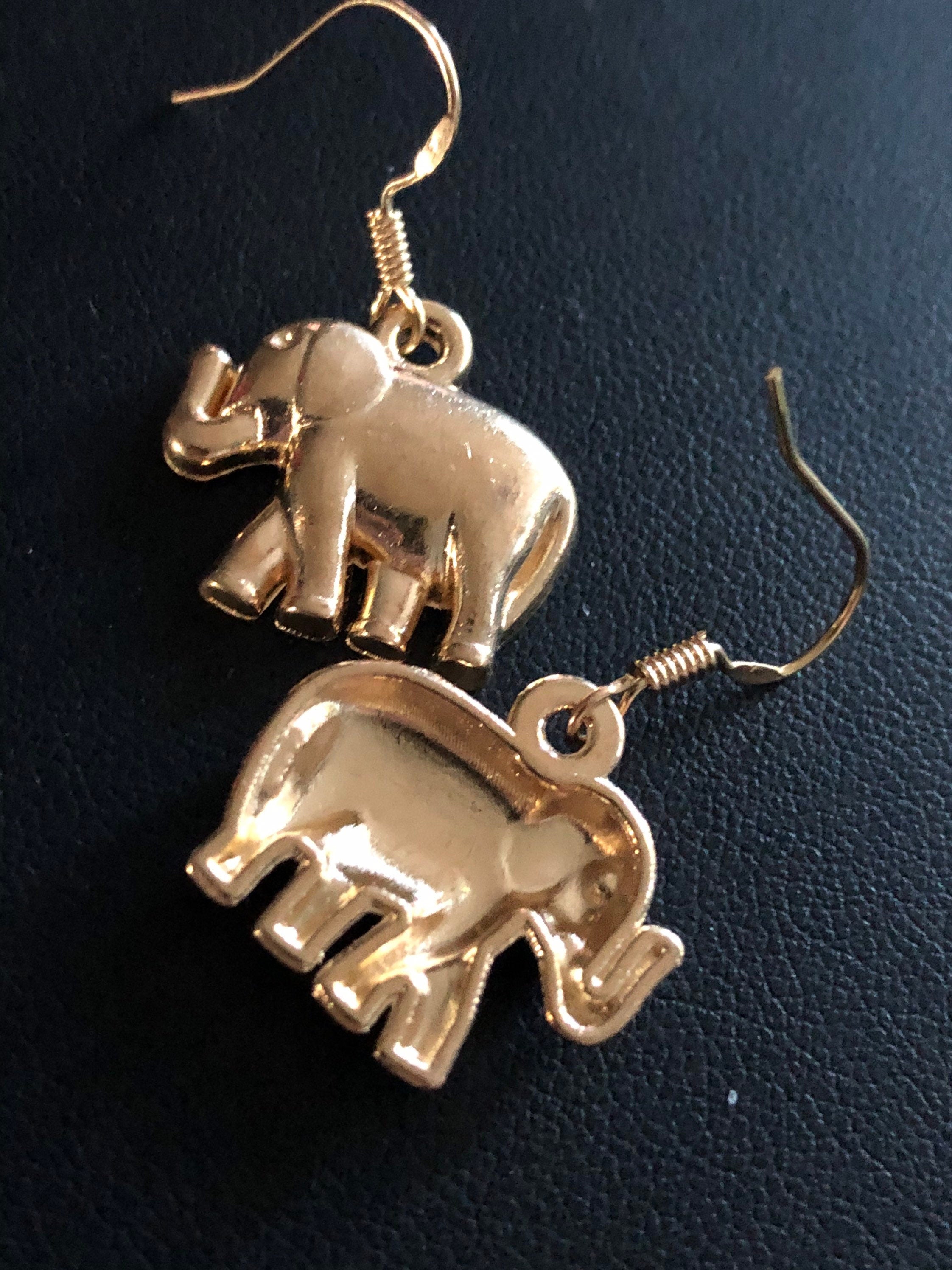 Small gold tone elephant drop earrings for pierced ears