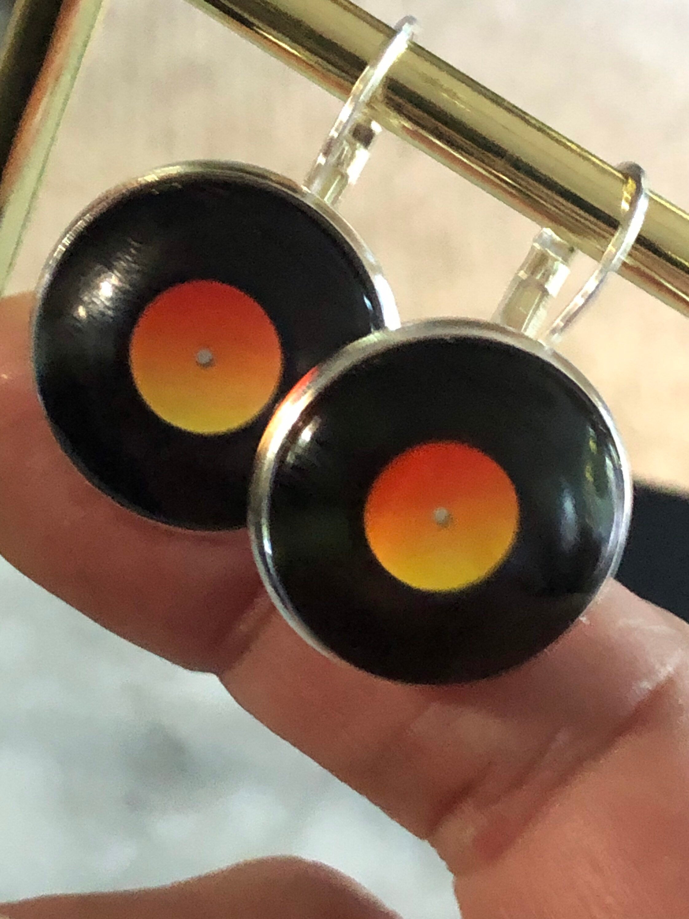 2cm retro Black orange Vinyl record drop earrings glass cabochon silver tone