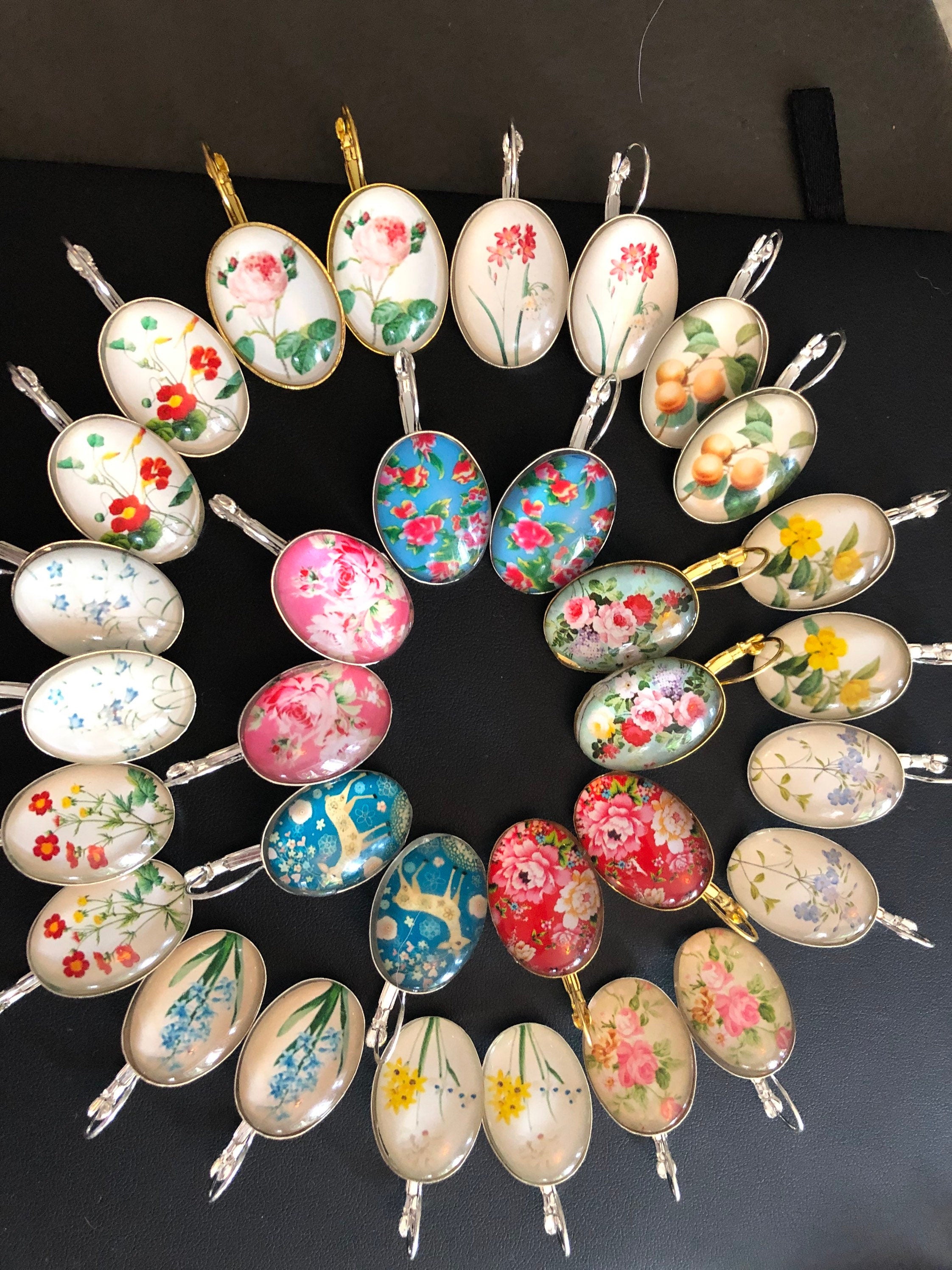 Yellow Spring garden flowers earrings for pierced ears glass oval cabochons