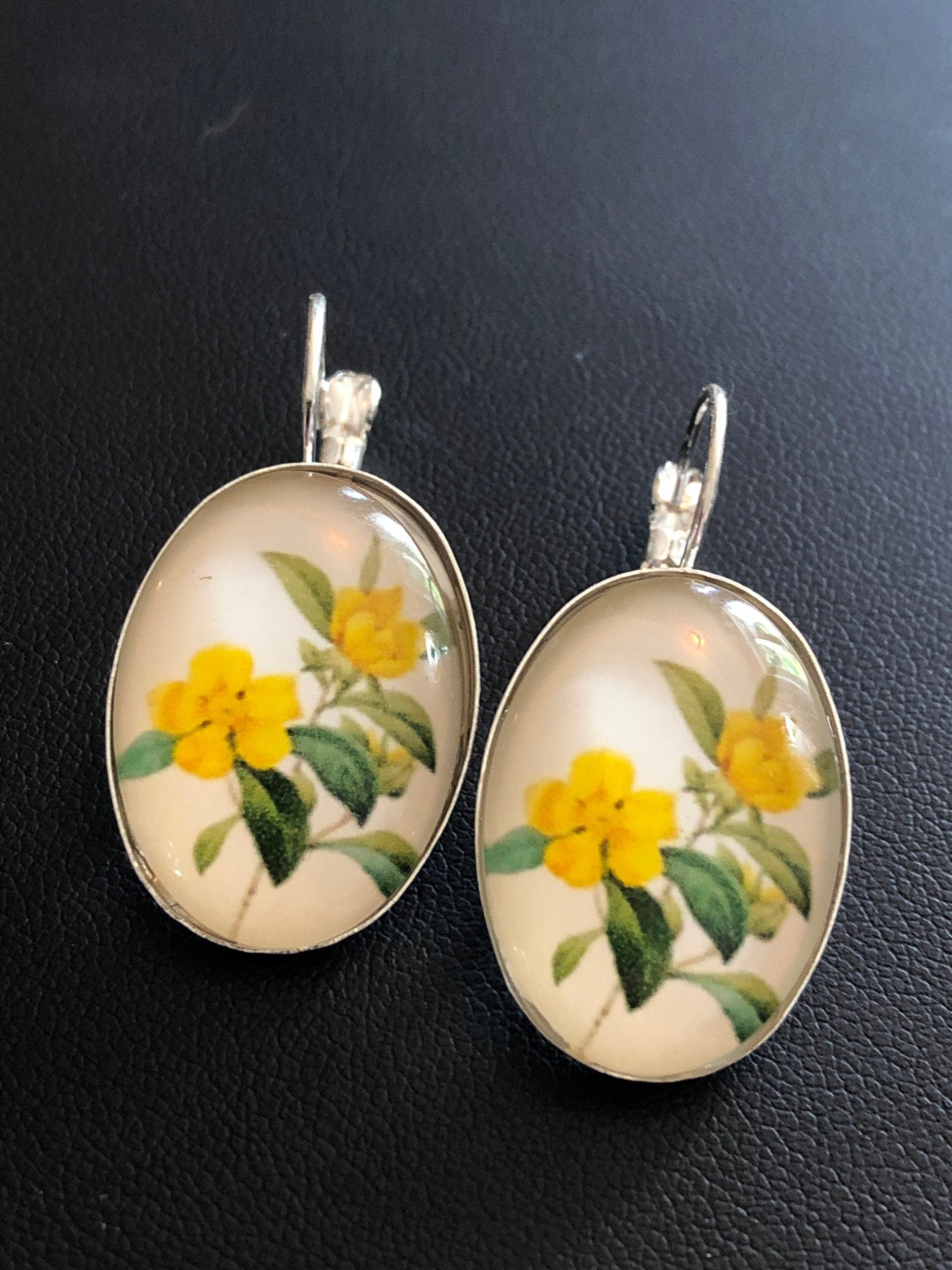 Yellow Spring garden flowers earrings for pierced ears glass oval cabochons