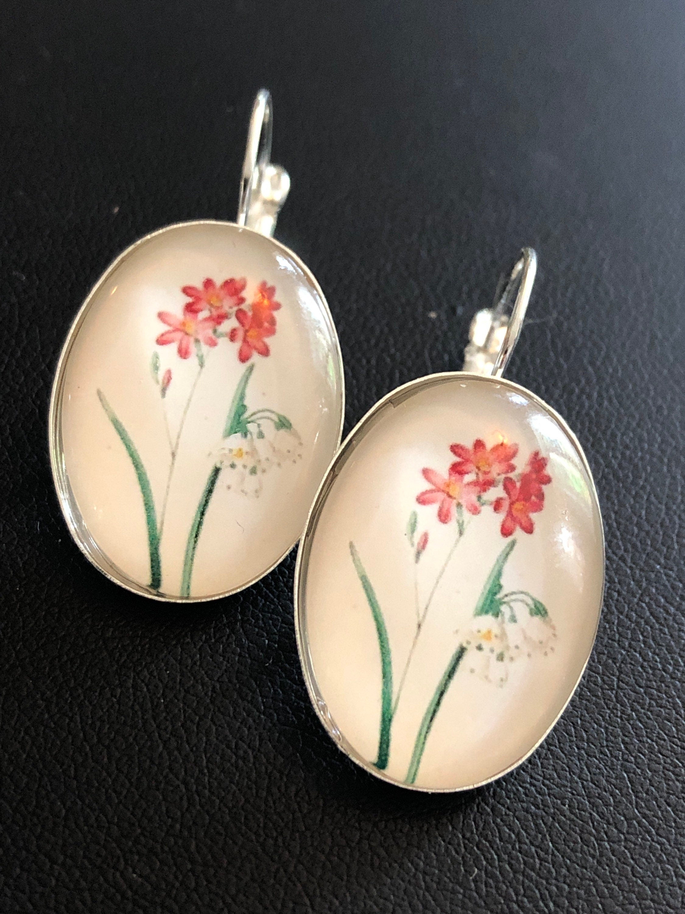 Red White garden flowers oval glass floral cabochon earrings