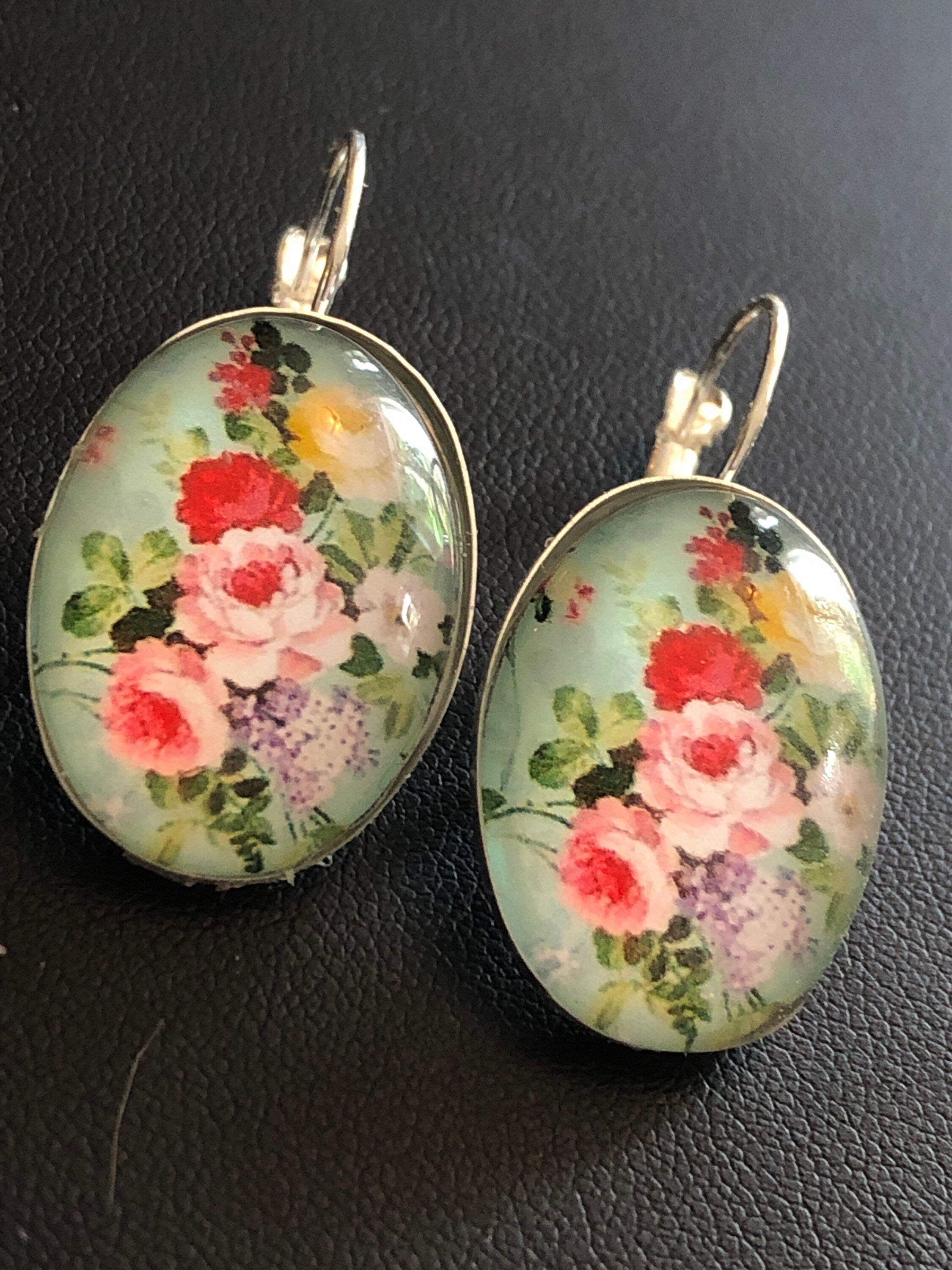 Red Pink roses Spring garden flowers oval glass cabochon floral earrings
