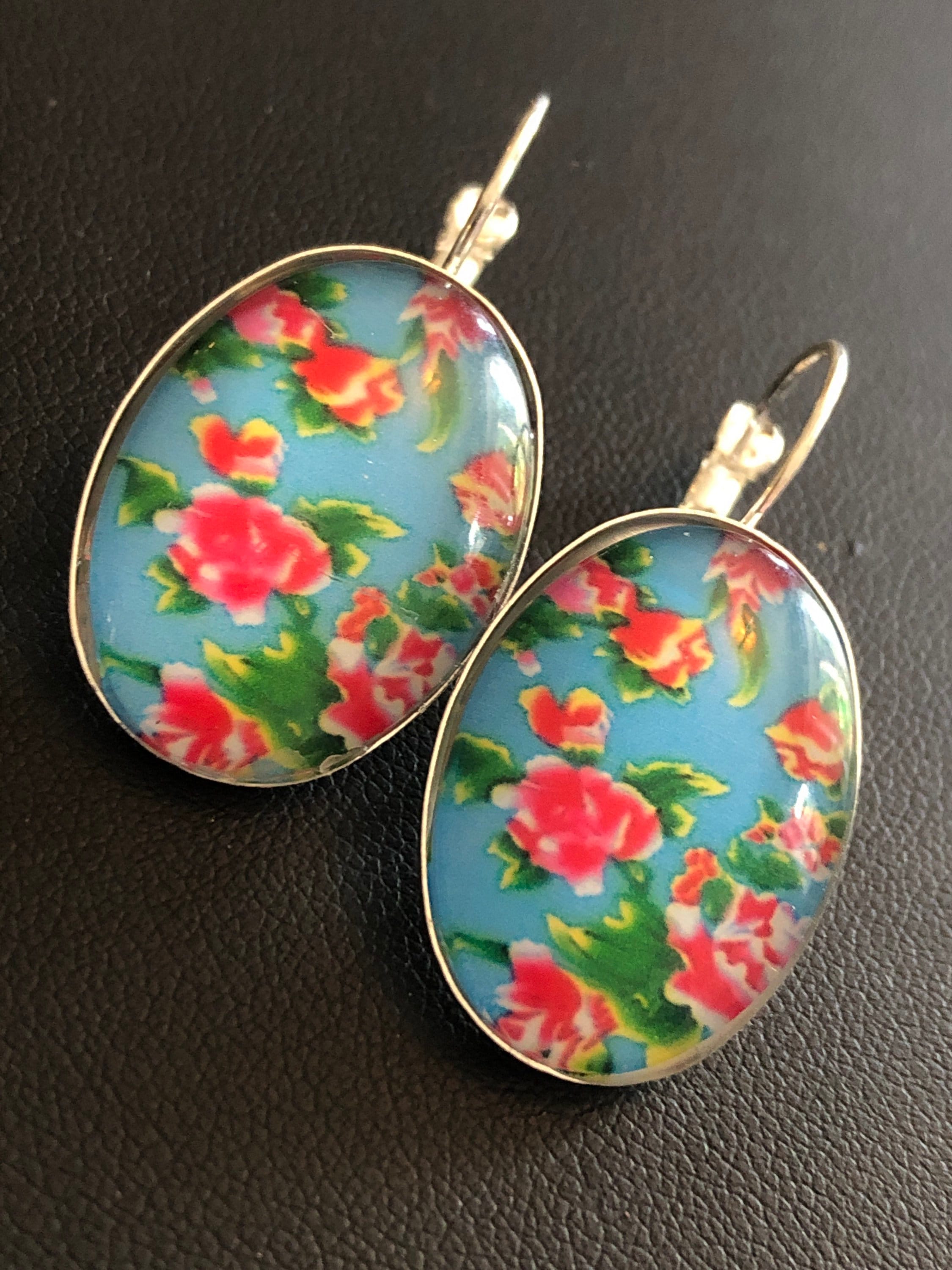 Blue, Red and Pink vintage style roses set in oval glass cabochon drop earrings silver plated