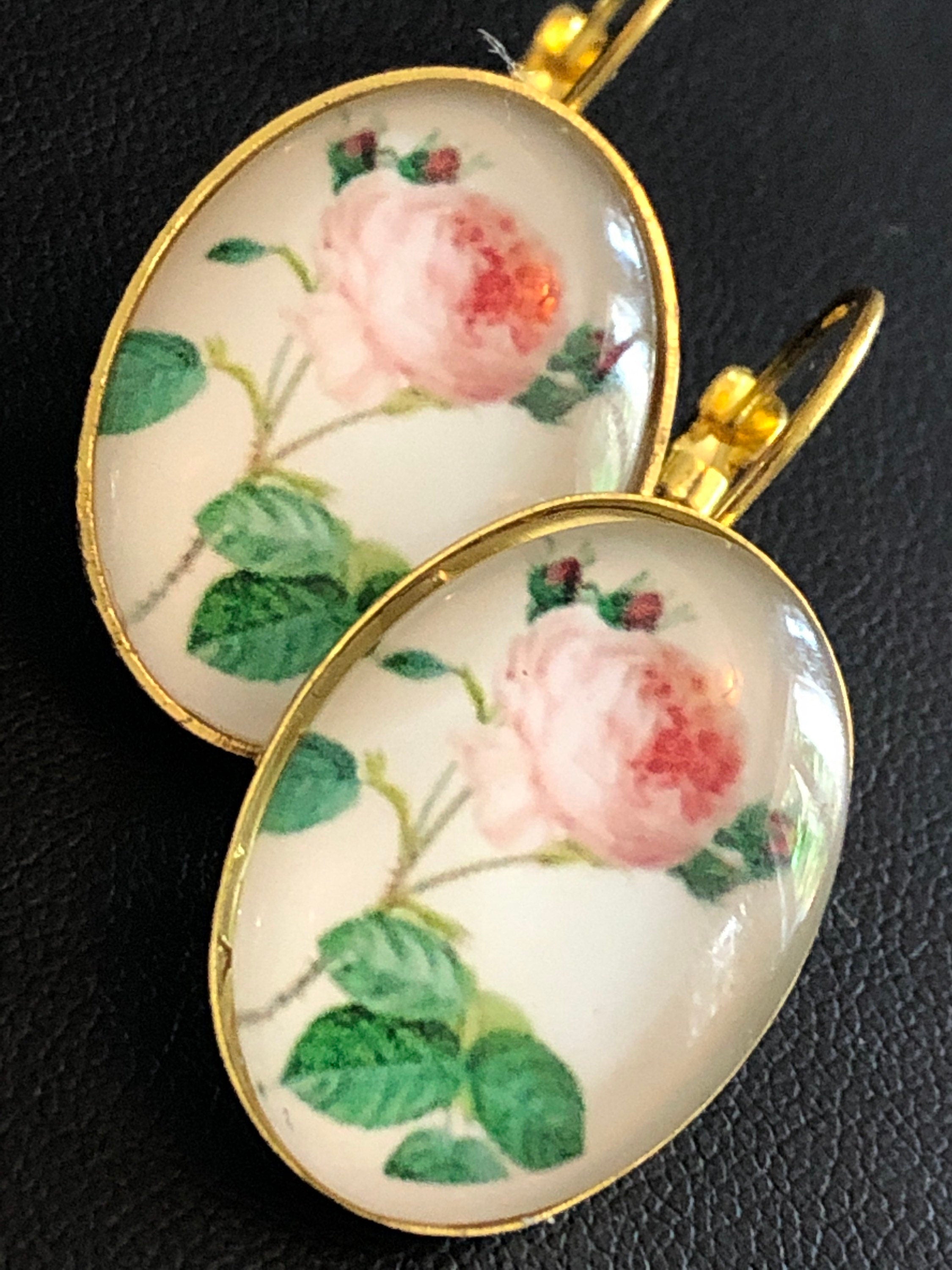 Soft Pink roses oval glass cabochon earrings gold tone