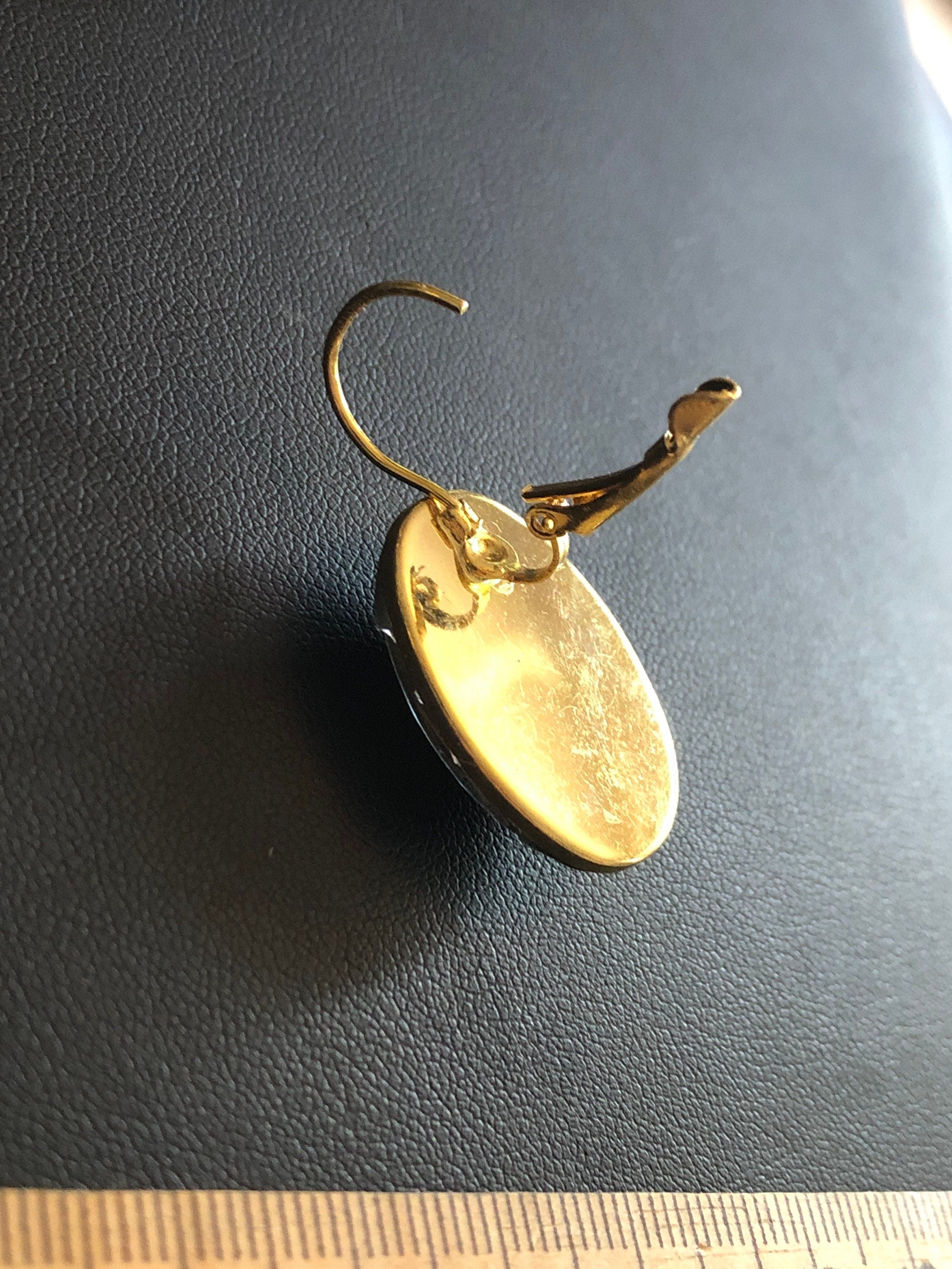 Soft Pink roses oval glass cabochon earrings gold tone