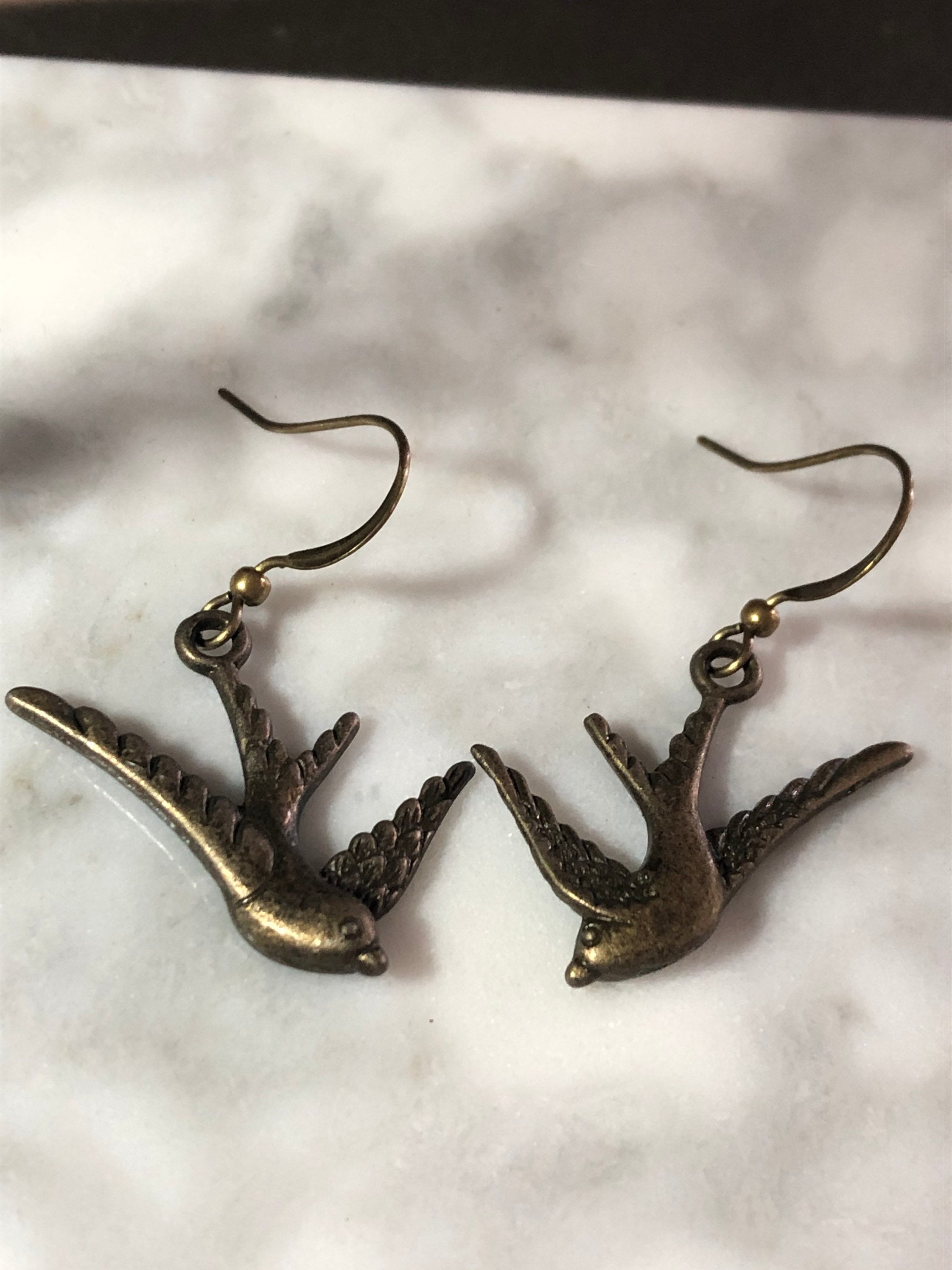 antique gold bluebird swallow earrings pierced ears