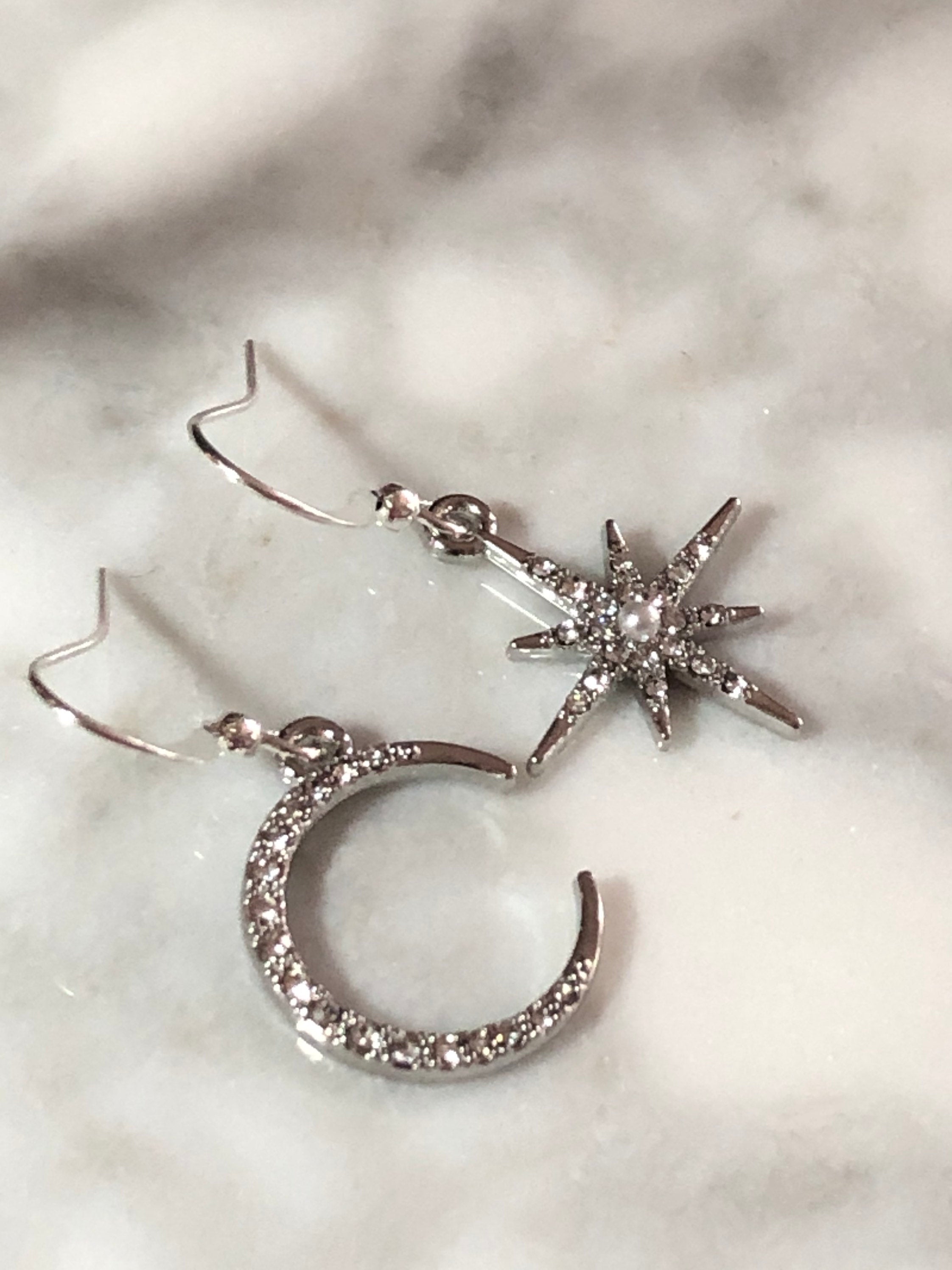 silver tone oversized Celestial star & moon earrings paste diamanté