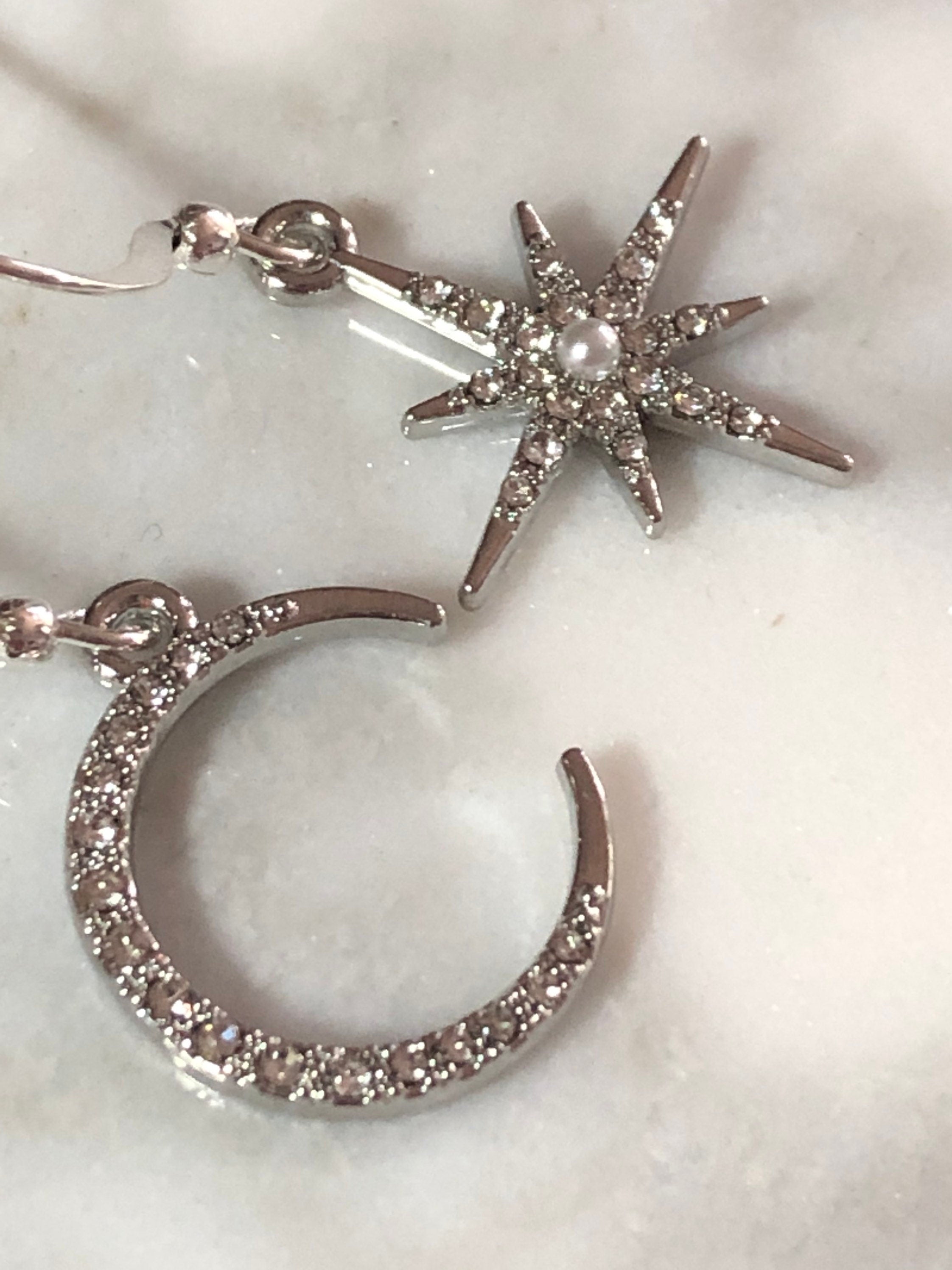 silver tone oversized Celestial star & moon earrings paste diamanté