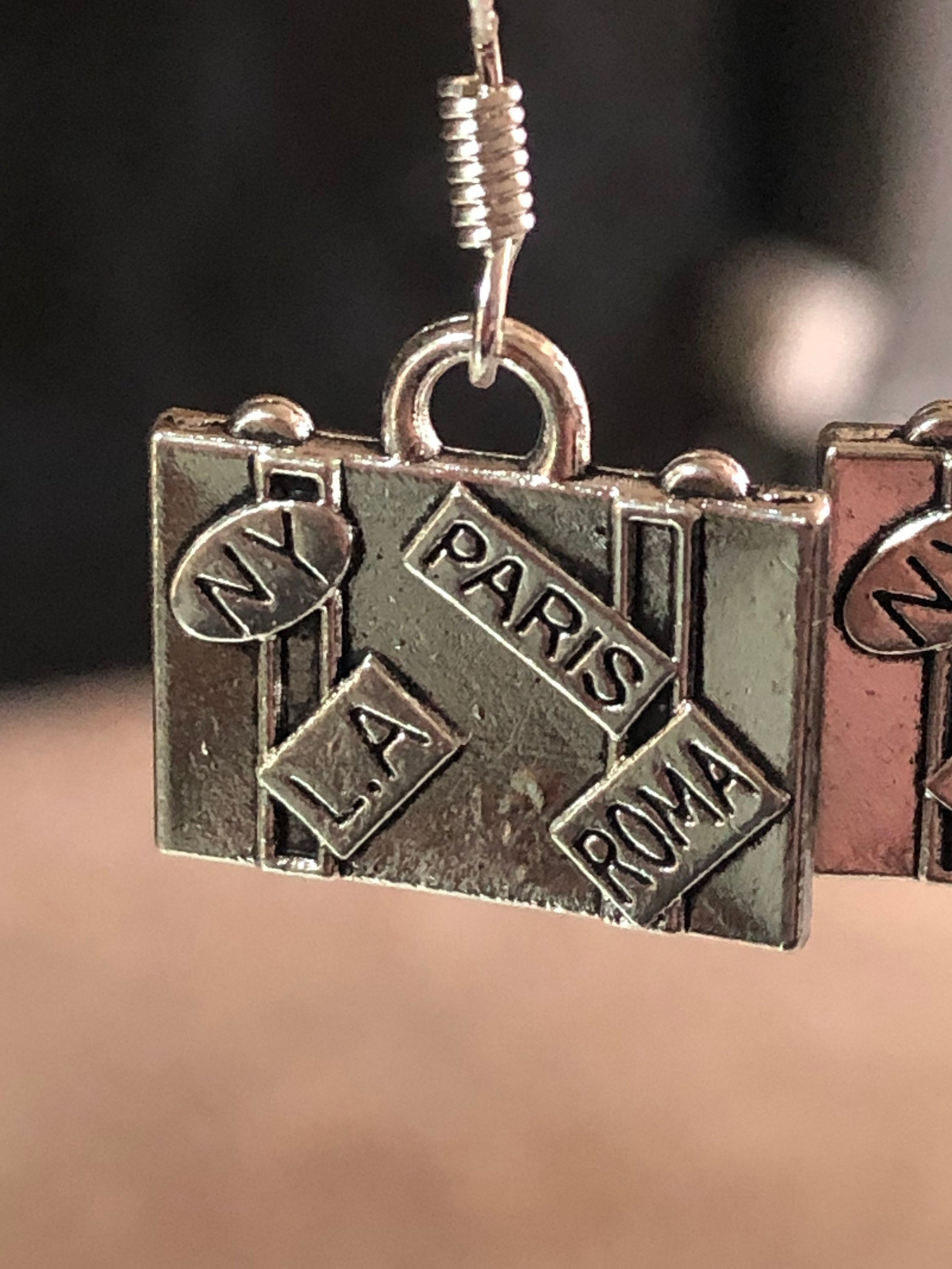 travel suitcase novelty drop earrings pierced ears silver tone