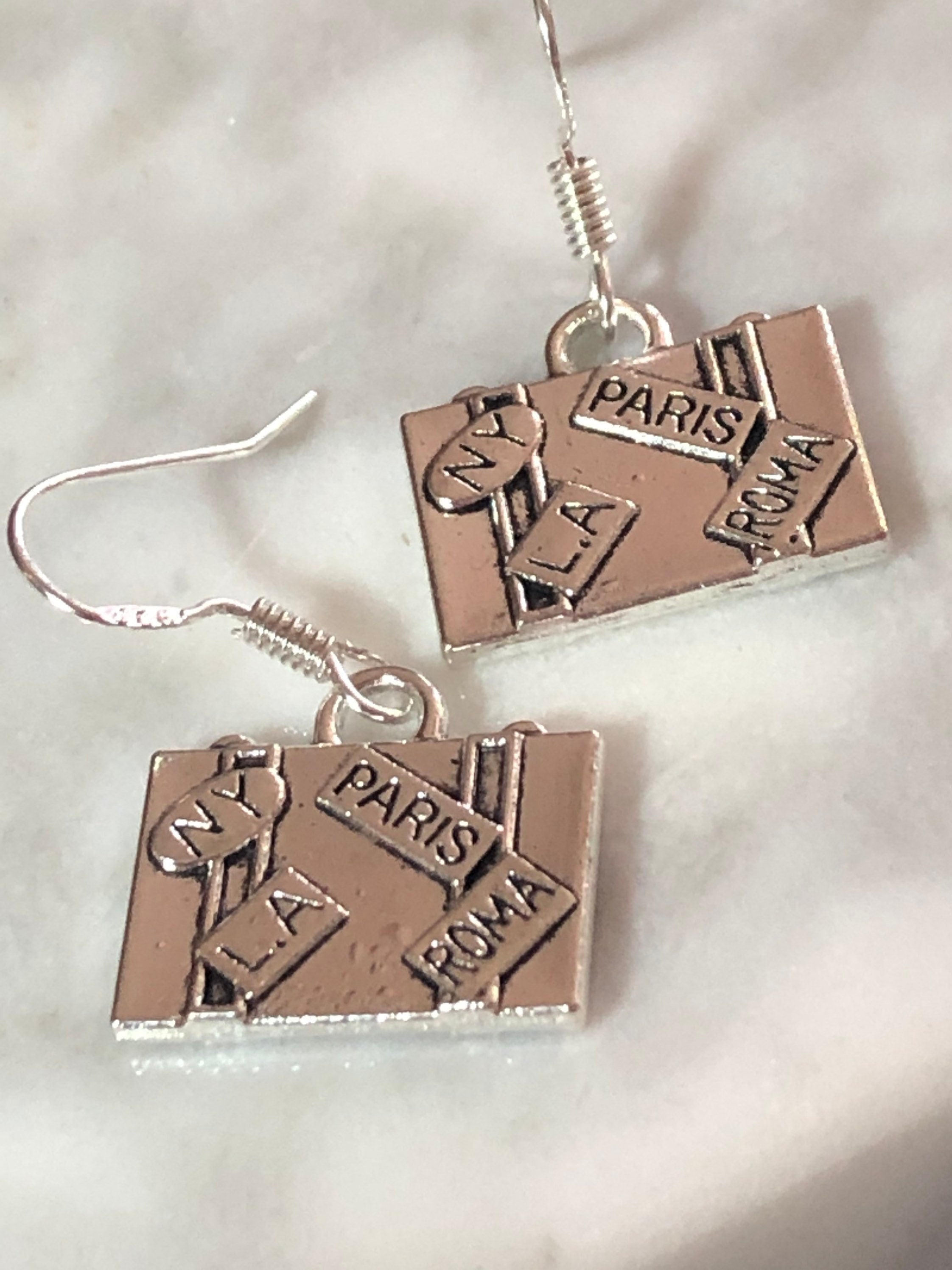 travel suitcase novelty drop earrings pierced ears silver tone