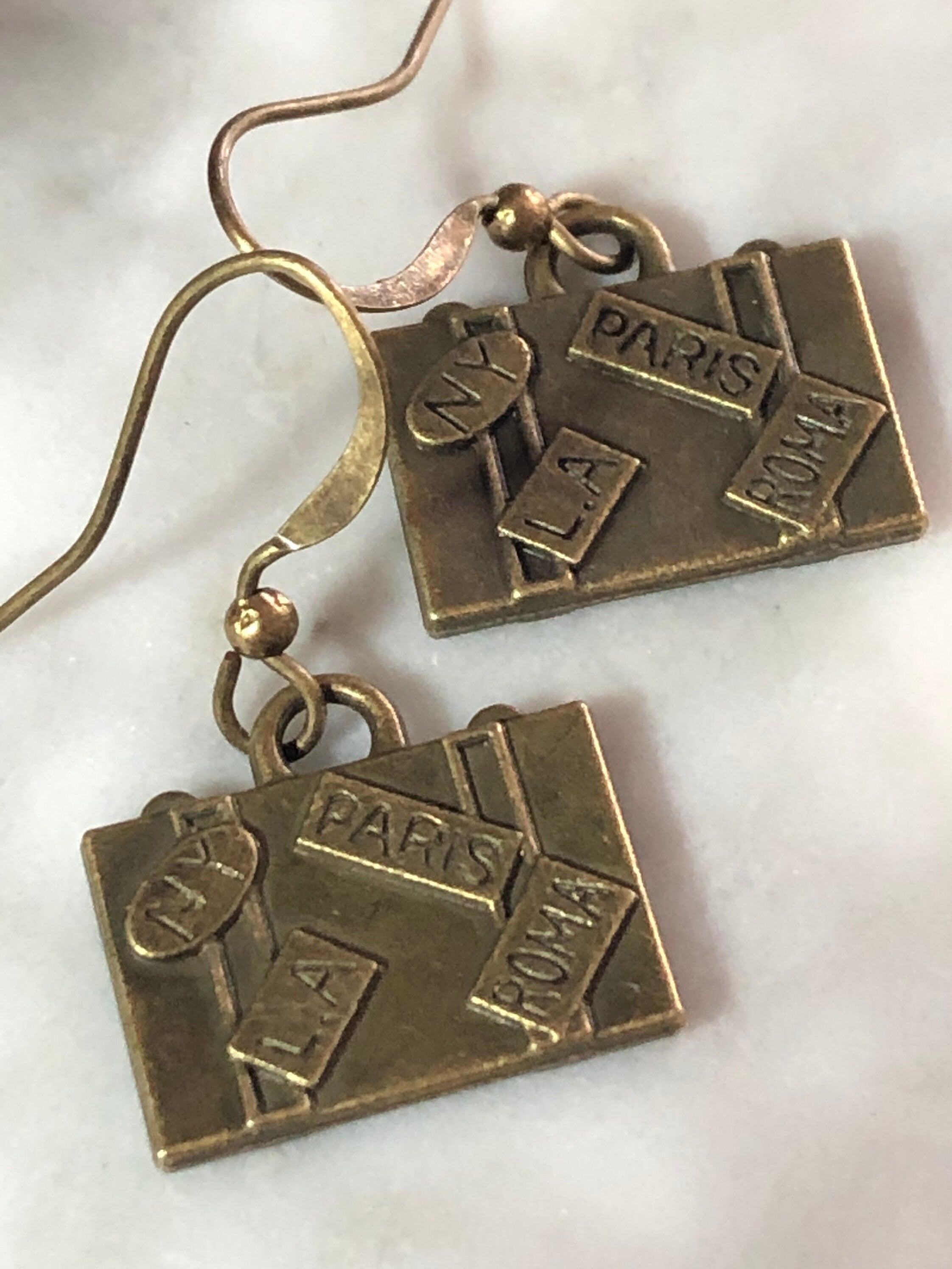 travel suitcase small drop earrings pierced antique bronze gold tone gift for traveller