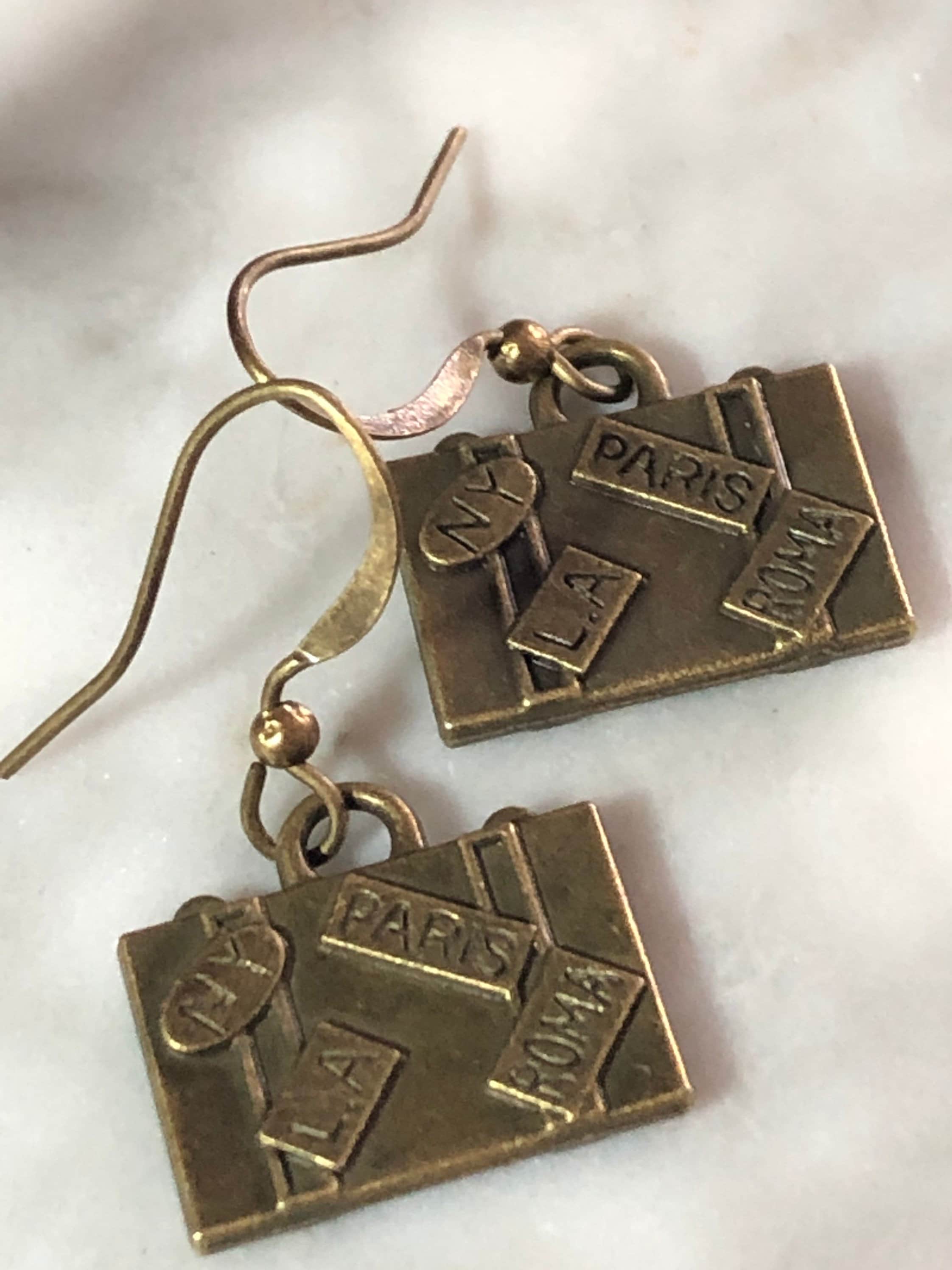 travel suitcase small drop earrings pierced antique bronze gold tone gift for traveller