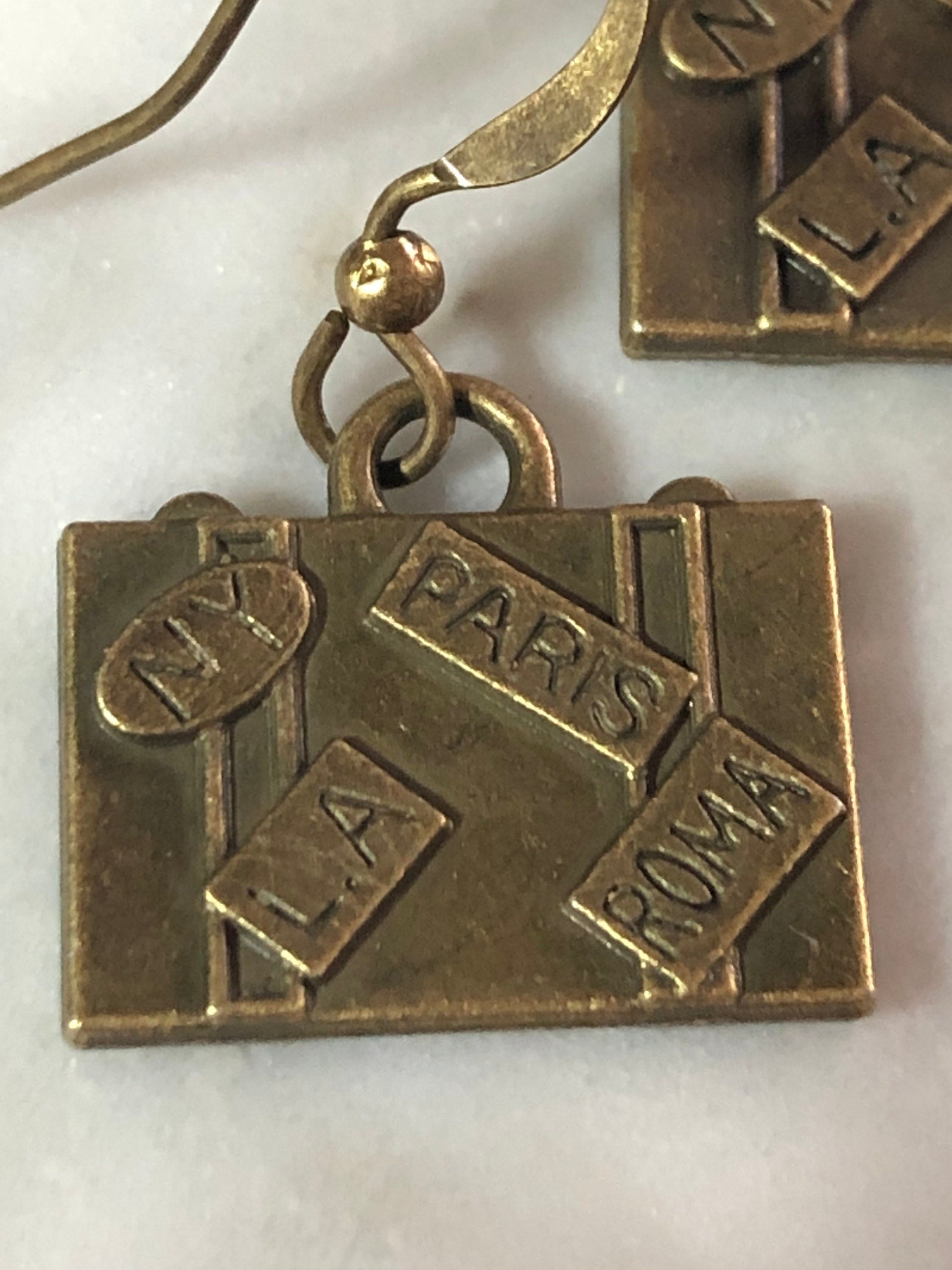 travel suitcase small drop earrings pierced antique bronze gold tone gift for traveller