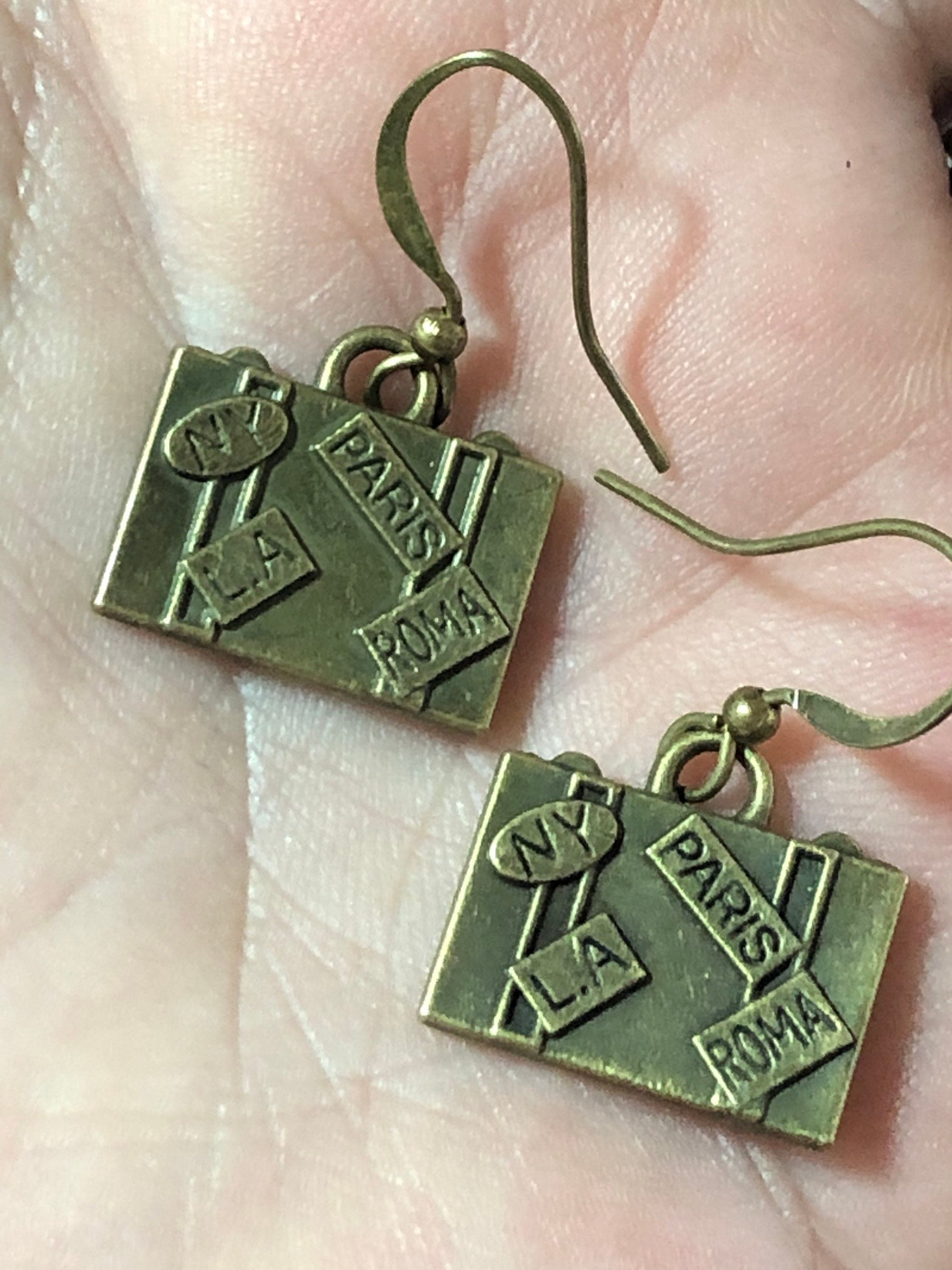 travel suitcase small drop earrings pierced antique bronze gold tone gift for traveller
